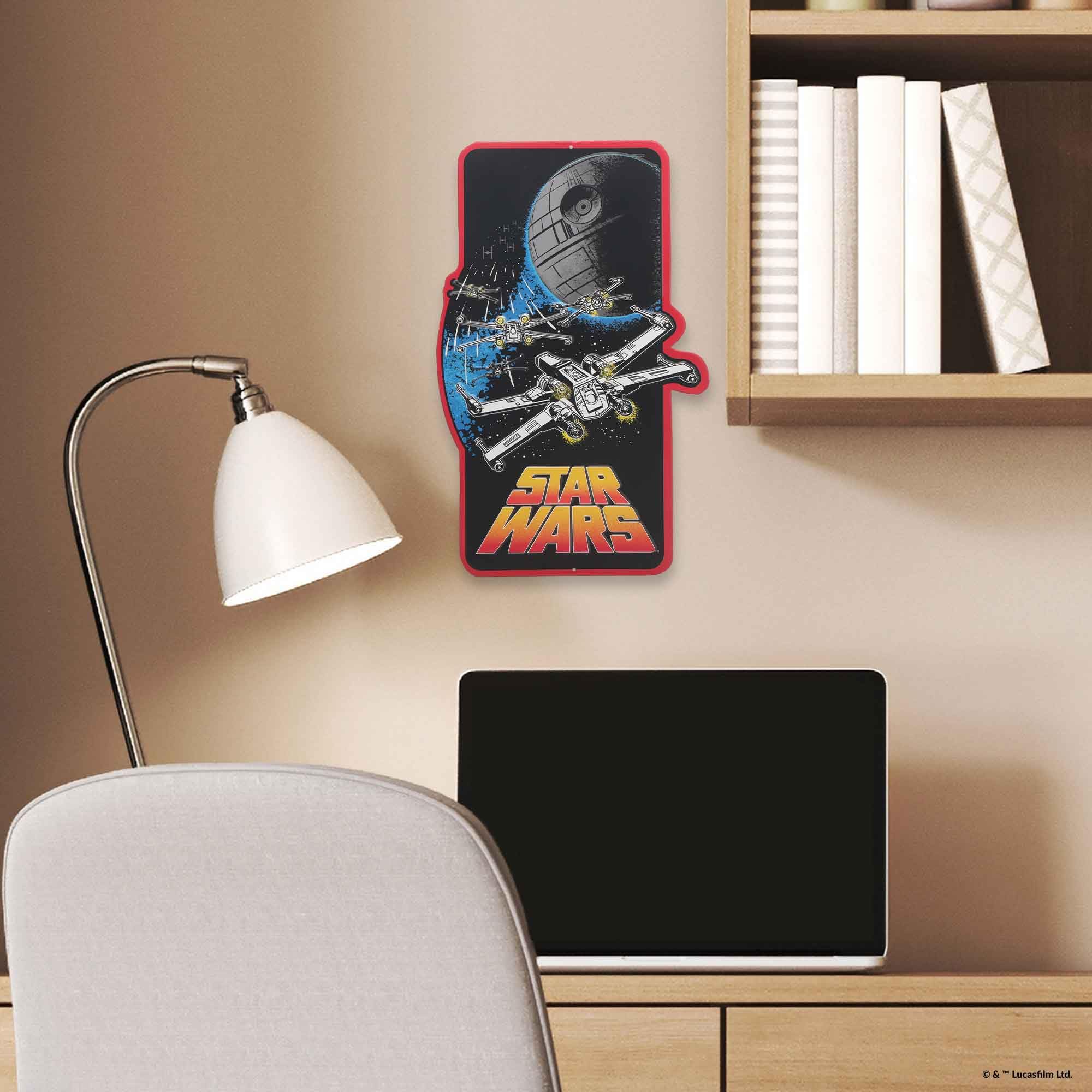 Open Road Brands Disney Star Wars Red Squadron Death Star and X-Wing Embossed Metal Sign - Large Retro Star Wars Sign for Home,