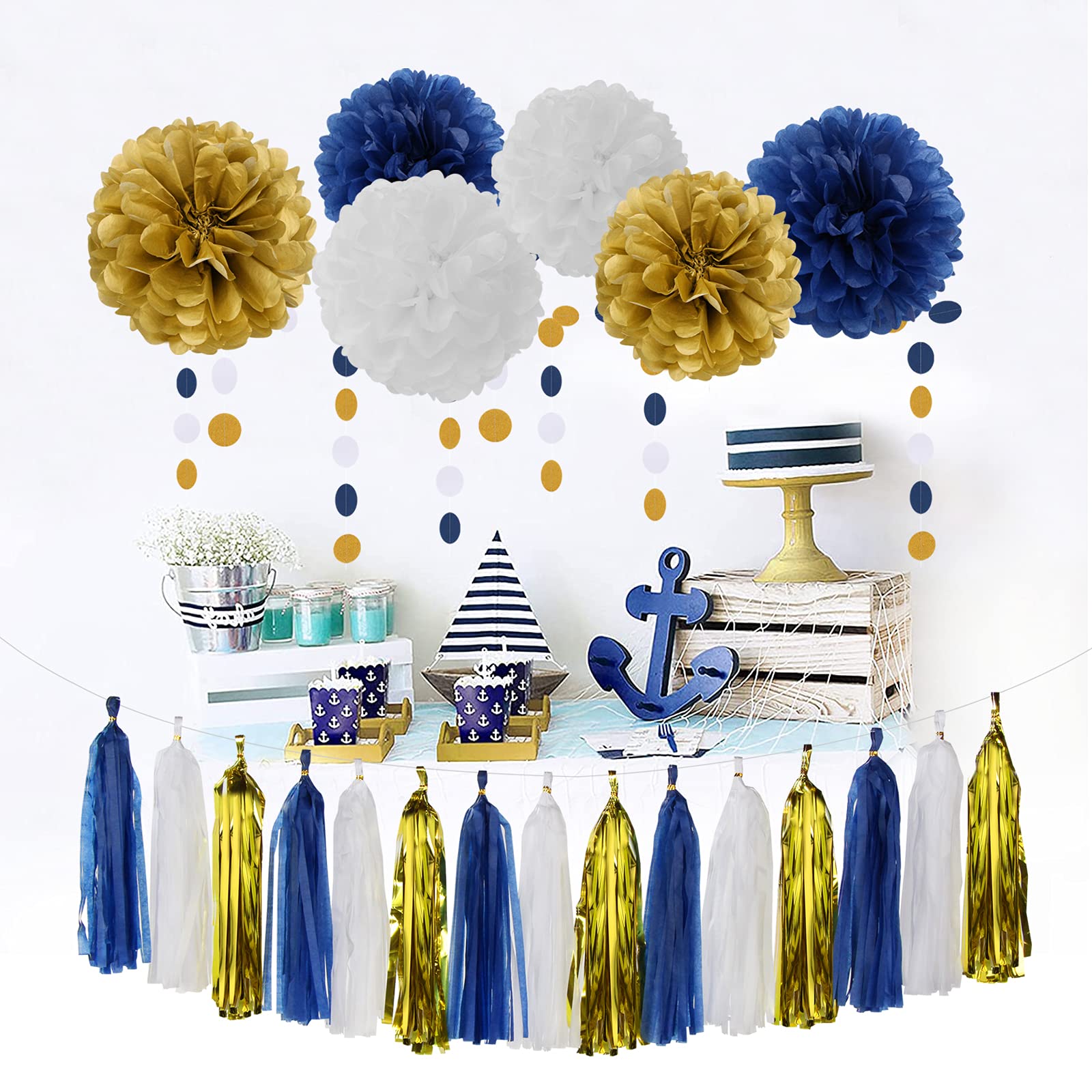 Navy Blue White Gold Party Decoration 23Pcs Kits-Paper Flowers,Banner Flags,Circle Banner,Tassel Garland Birthday Bachelorette B