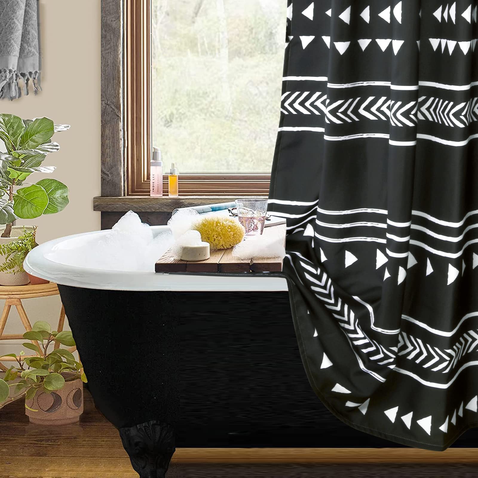 Uphome Boho Black And White Fabric Tassel Triangle Stripes Geometric Shower Curtain Set With Hooks Chic Tribal Bathroom Decor Ac