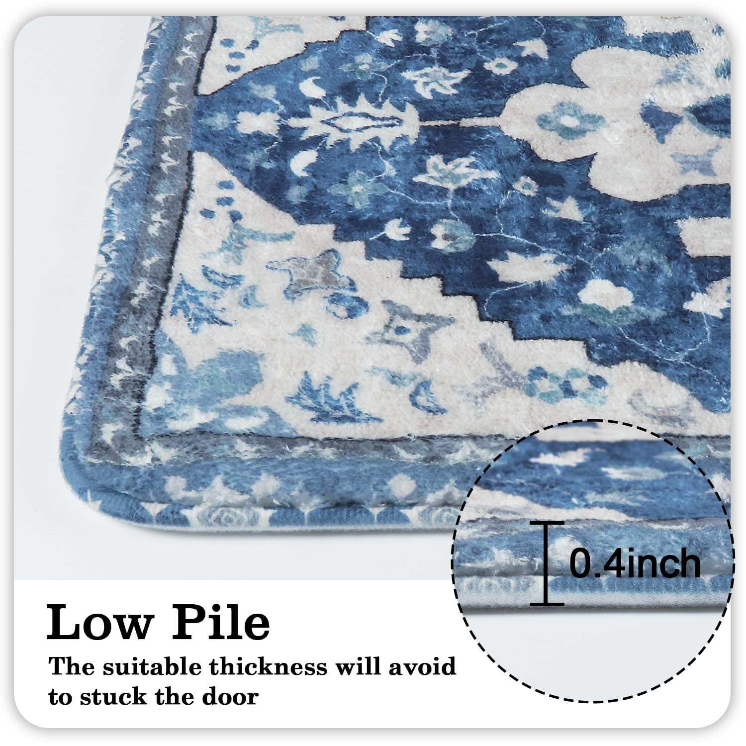Uphome Vintage Bathroom Runner Blue Boho Non-Slip Long Bath Mat Oriental Soft Machine Washable Bedroom Rug Traditional Tribal Fl