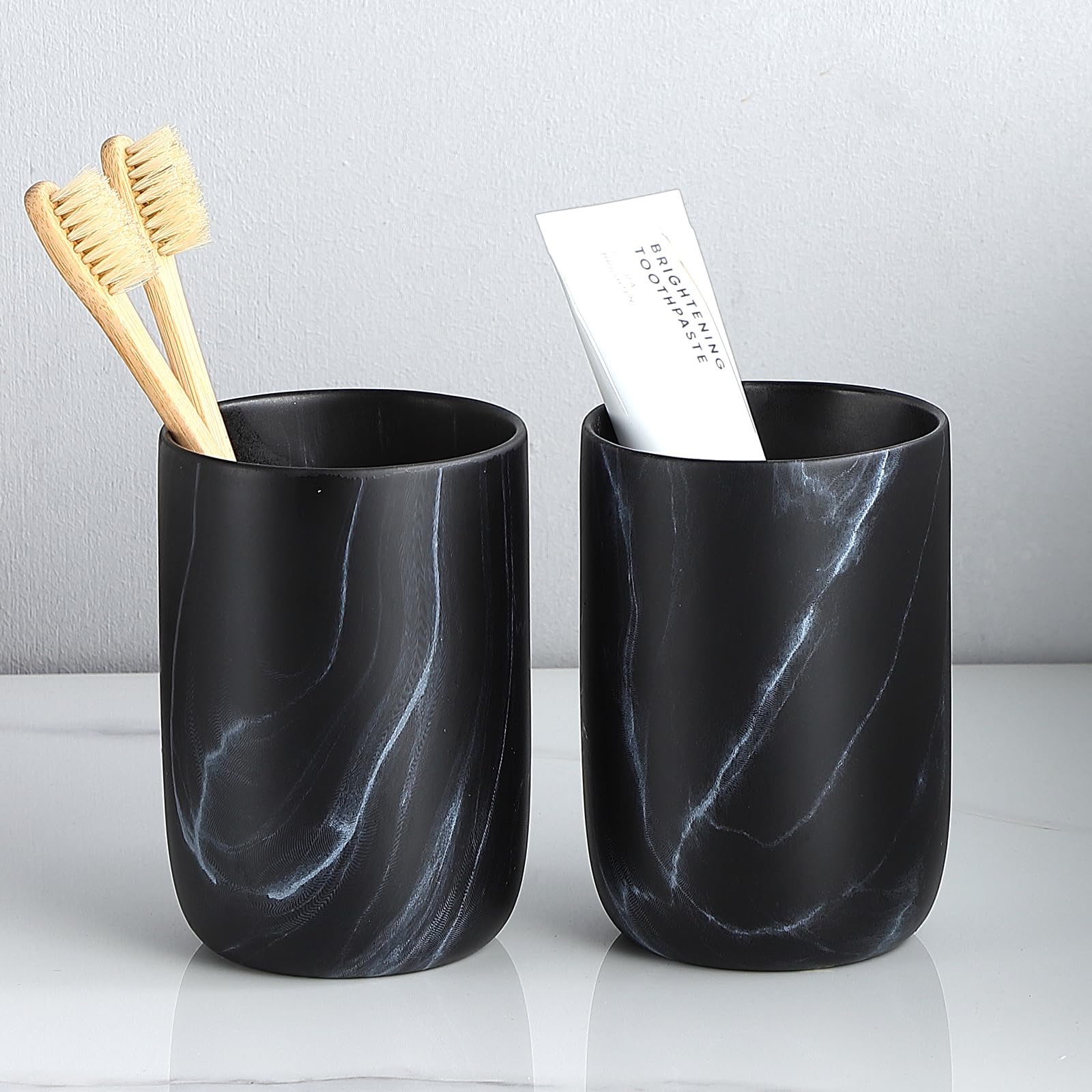 Marble Black Toothbrush Holders for Bathrooms - 2 Cups Ceramic Toothbrush Toothpaste Holders Set, Bathroom Tumbler Cups Reusable