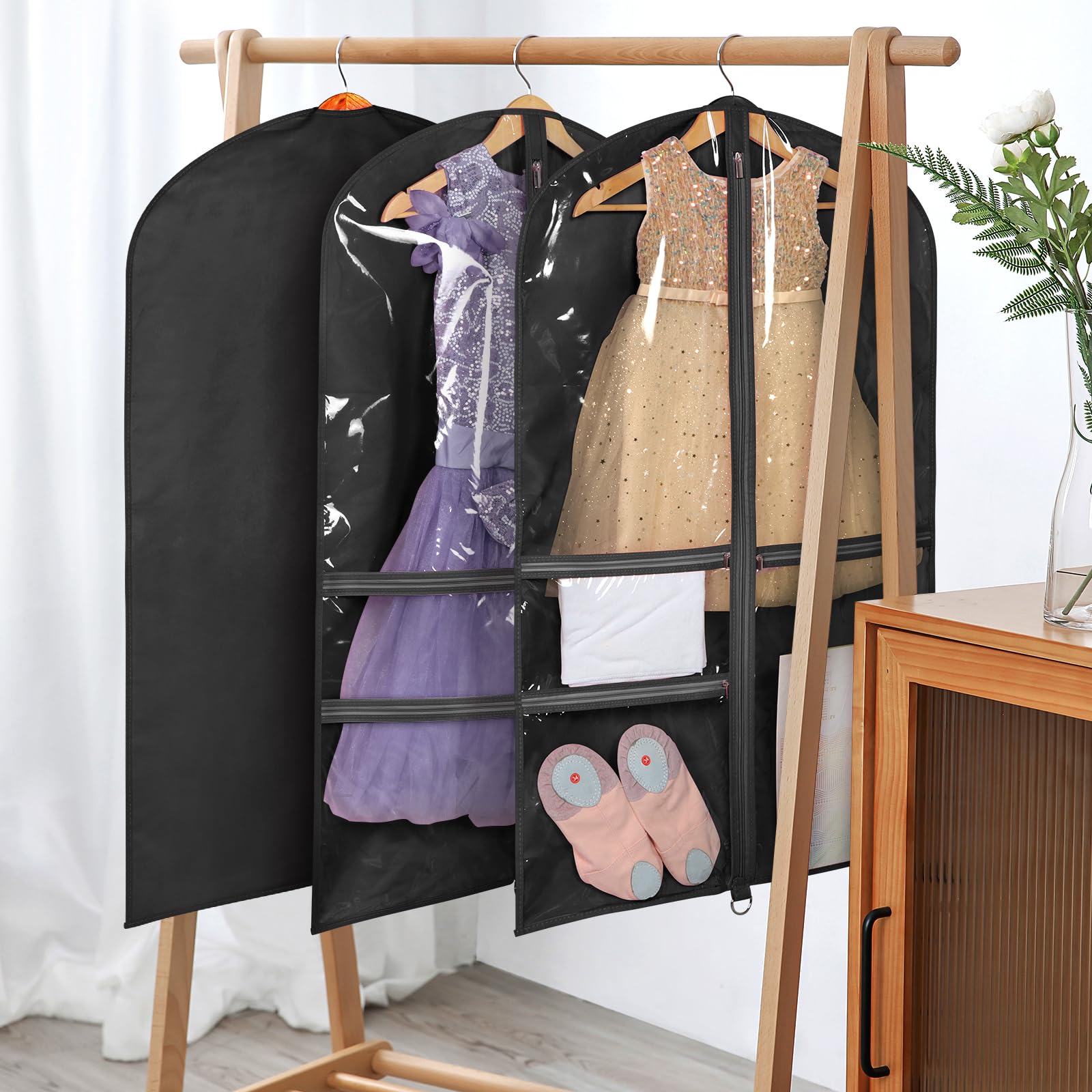 Univivi 40 Inch Kids Dance Costume Garment Bag, Dance Competition Garment Bags For Teens With 3 Medium Clear Zipper Pockets For