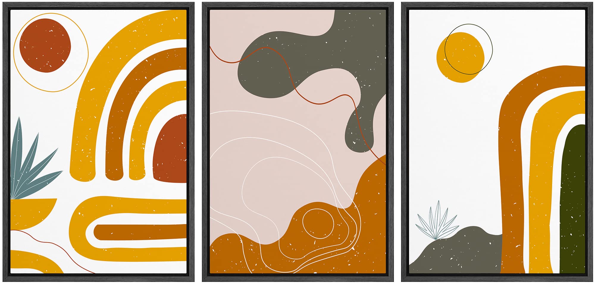 Idea4Wall Framed Wall Art Print Set Red & Orange Arcs With Abstract Shapes Geometric Flower Illustrations Modern Art Rustic Colo