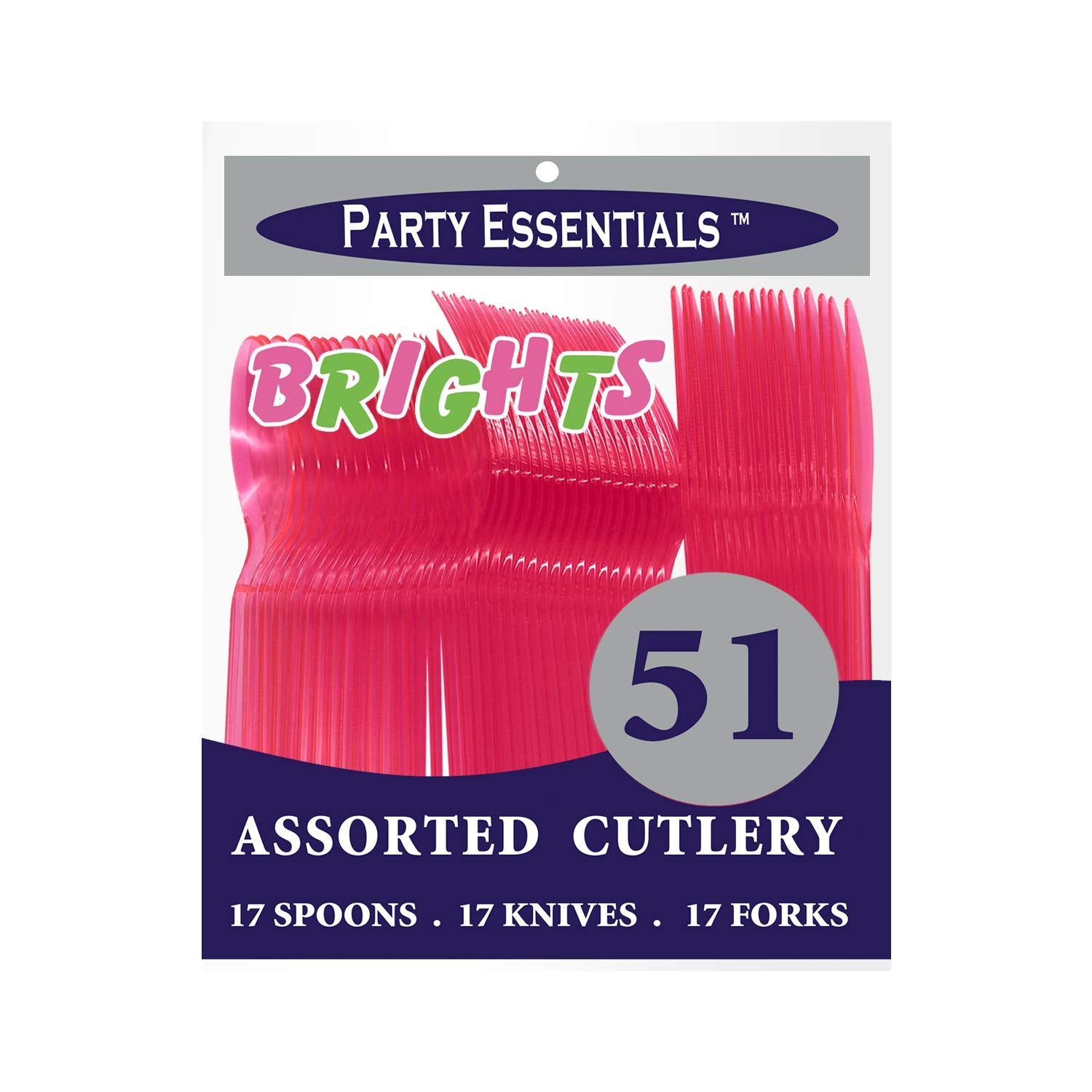 Party Essentials Hard Plastic Cutlery Combo Pack, 51 Pieces/17 Place Settings, Neon Pink