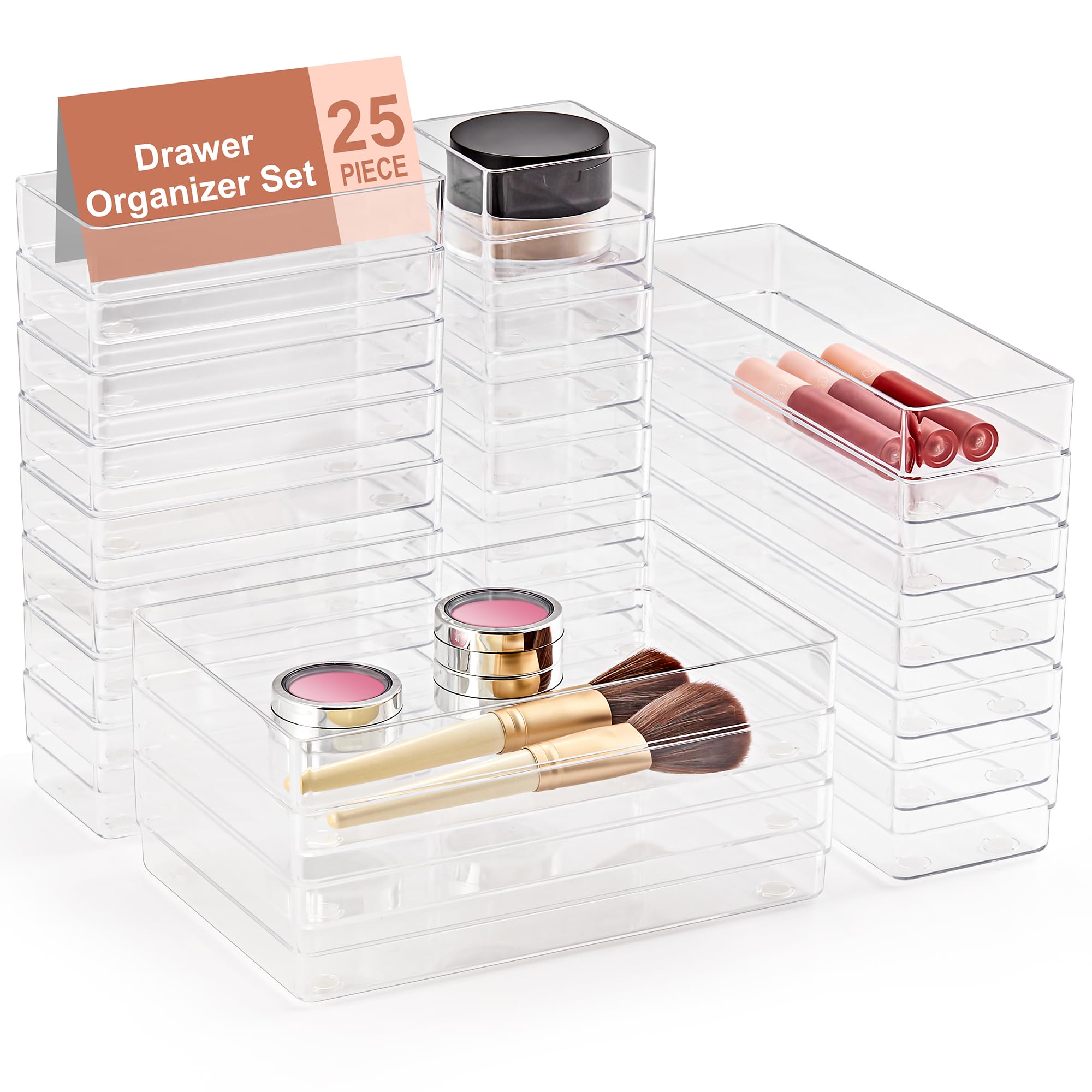 SMARTAKE 25-Piece Drawer Organizer with Non-Slip Silicone Pads, 4-Size Desk Drawer Organizer Trays Storage Tray for Makeup, Jewe