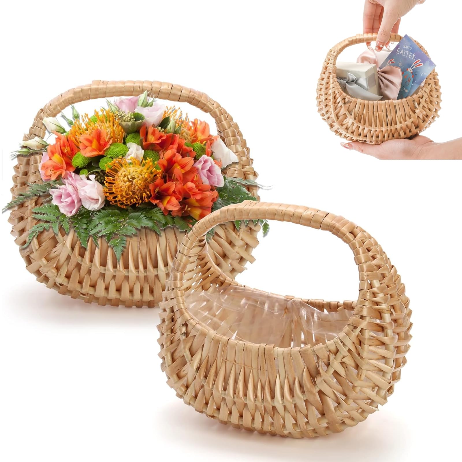 Lyellfe 2 Pack Small Flower Girl Baskets, Wicker Basket with Handle Liner