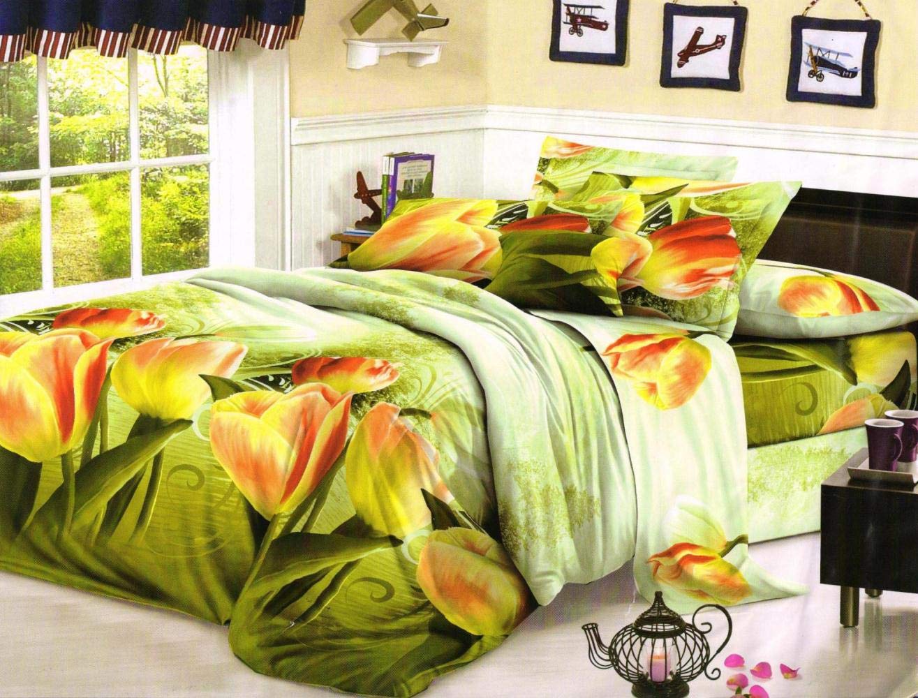 Home Creations Poly Cotton 3D Print 1 Double Bed Sheet With 2 Pillow Cover (Tbs3DbedsheetB46Green, 220 Cm X 240 Cm)