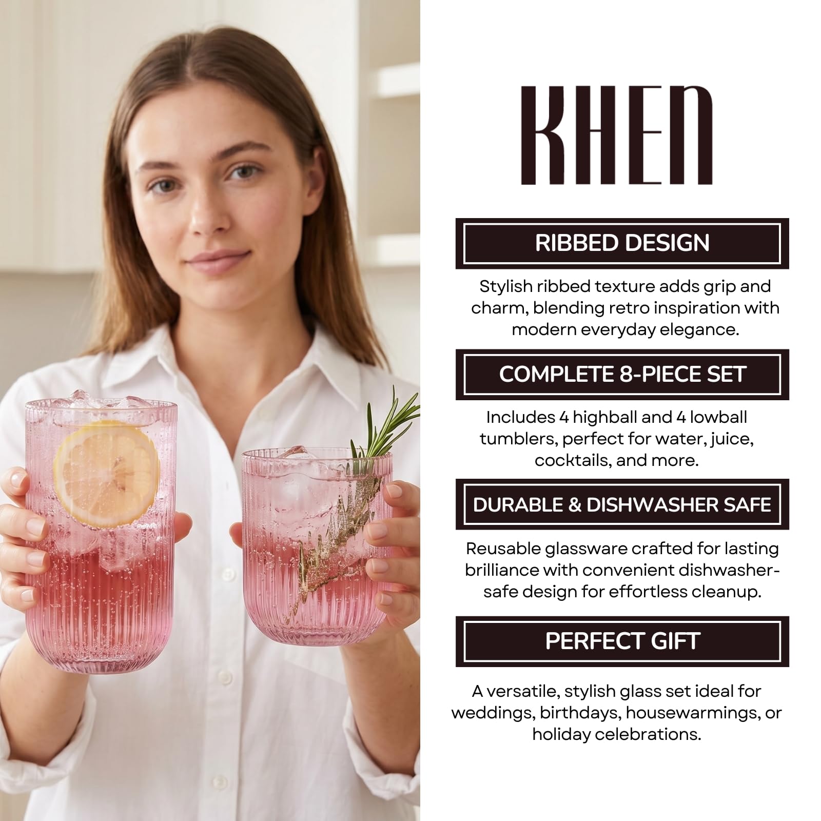 Set of 8 Ribbed Glasses - 4 Highball Glasses & 4 Lowball