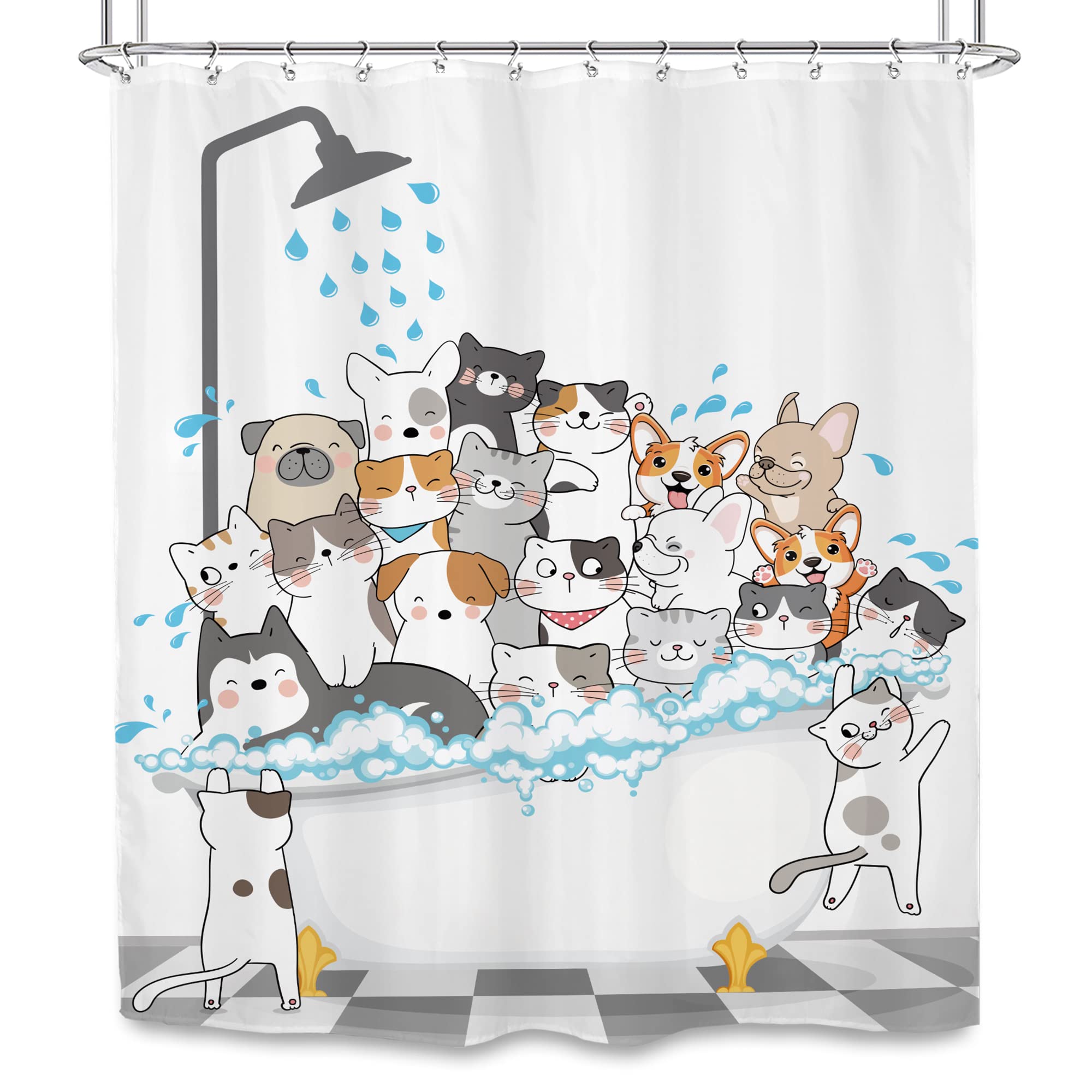 SVBright Funny Cats and Dogs Shower Curtain 60Wx72L Inch Kids Cartoon Cute Pets Animal Bathtub Raining Playing Showering Lovely Boys 12 Pack Hooks Polyester Waterproof Fabric Bathroom Bathtub Panels