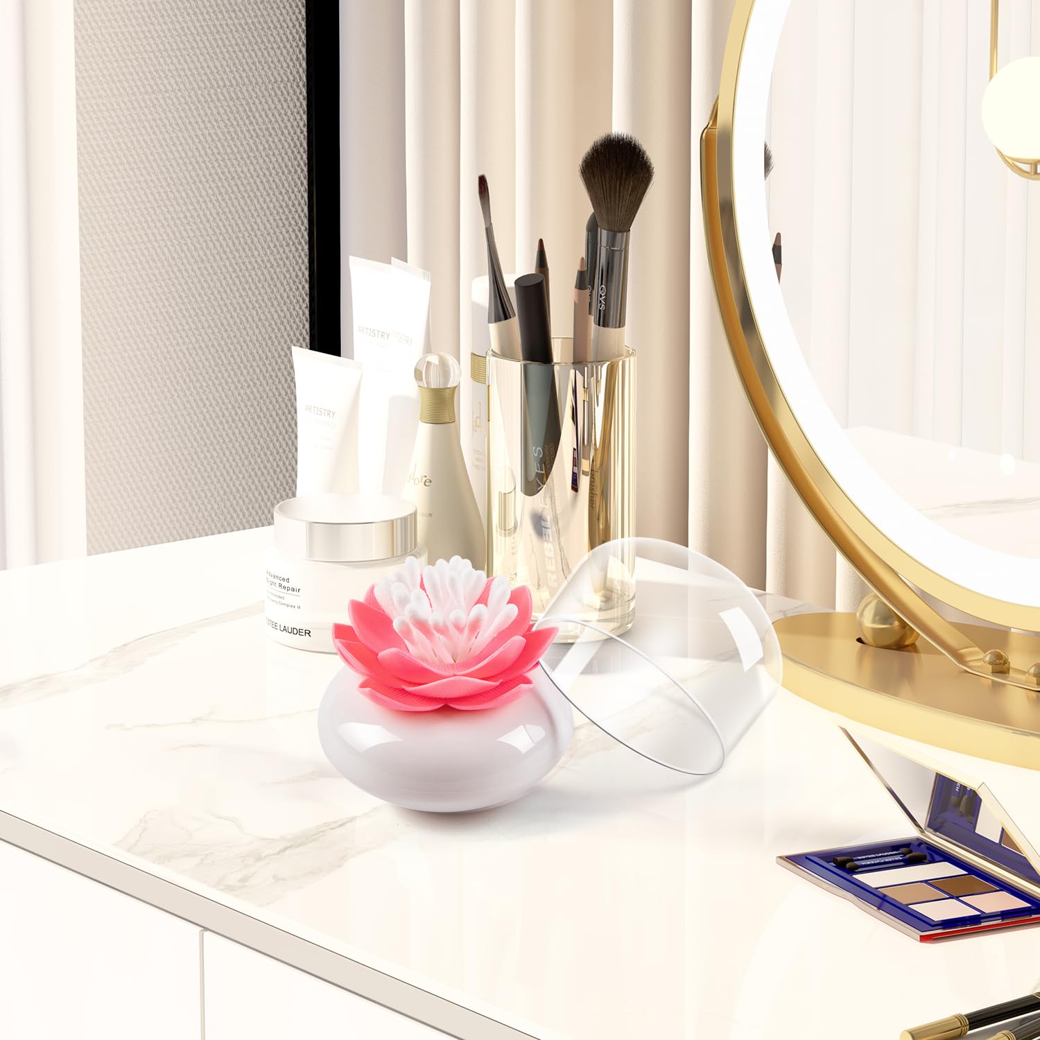 Bloss Lotus Cotton Swab Holder Q-Tip Holder Cotton Bud Swabs Toothpick Organizer Dustproof Holder Home Decor - Pink