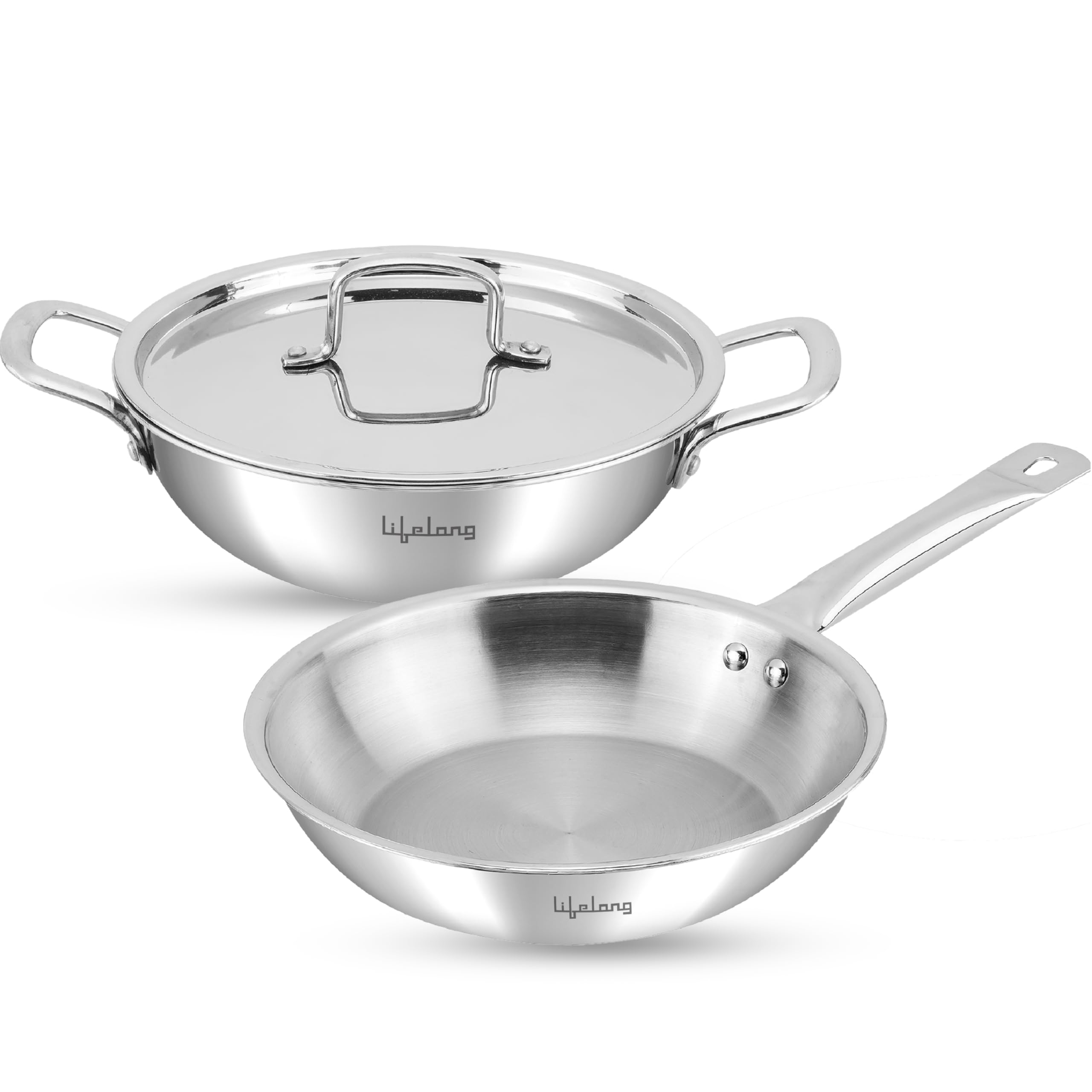 Lifelong Triply 3 Piece Cookware Set| 20Cm Fry Pan (1.7L) & 20Cm Triply Kadhai (1.2L) With Common Steel Lid | Stainless Steel Ha