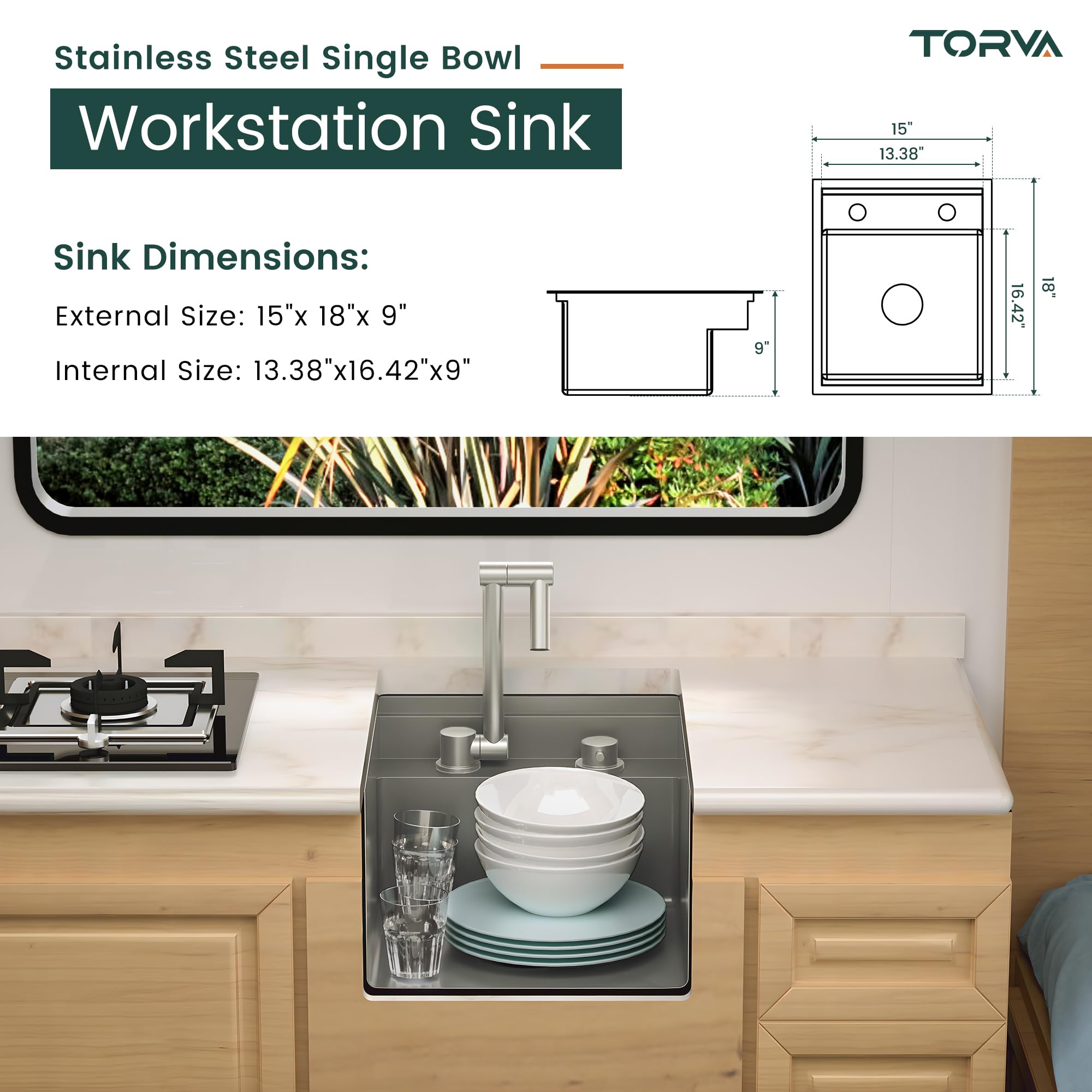Torva Rv Kitchen Sink, 15 X 18 X 9 Inch Undermount Bar Sink 16 Gauge Stainless Steel Single Bowl Sink With Foldable Faucet Cutti