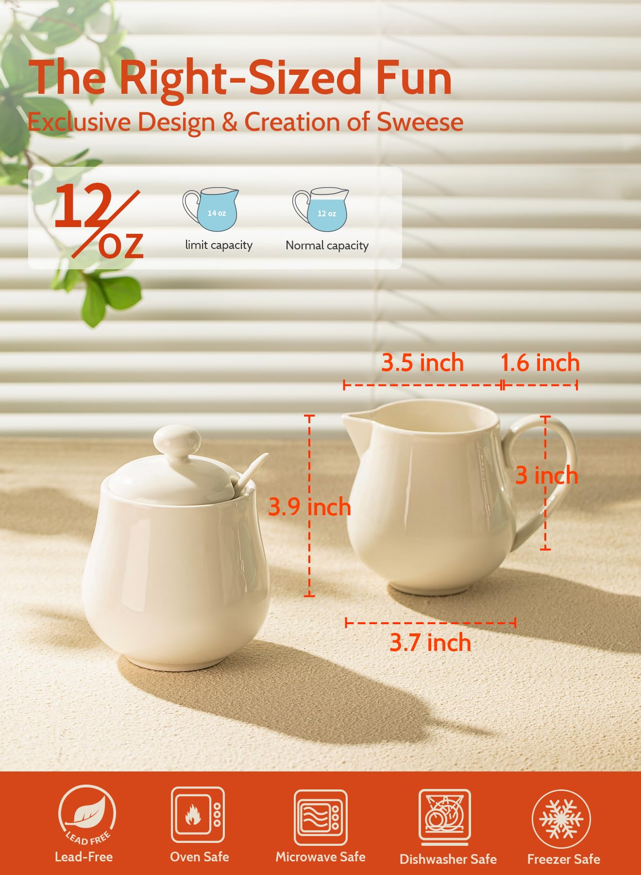 Sweese 12 Ounce Porcelain Sugar And Creamer Set, Coffee Serving Set, 3 Piece With Cream Pitcher, Sugar Bowl With Lid And Spoon,
