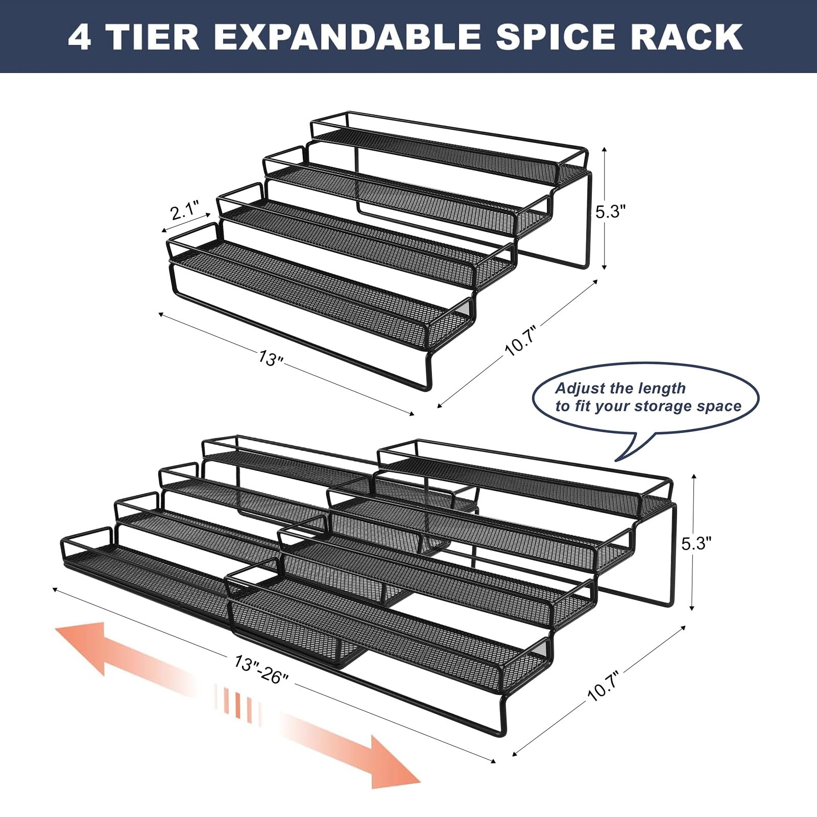 IFELS Spice Rack Organizer for Cabinet, 4 Tier Seasoning Organizer, Expandable Shelf,Step Storage Holder, Kitchen Cabinet Counte