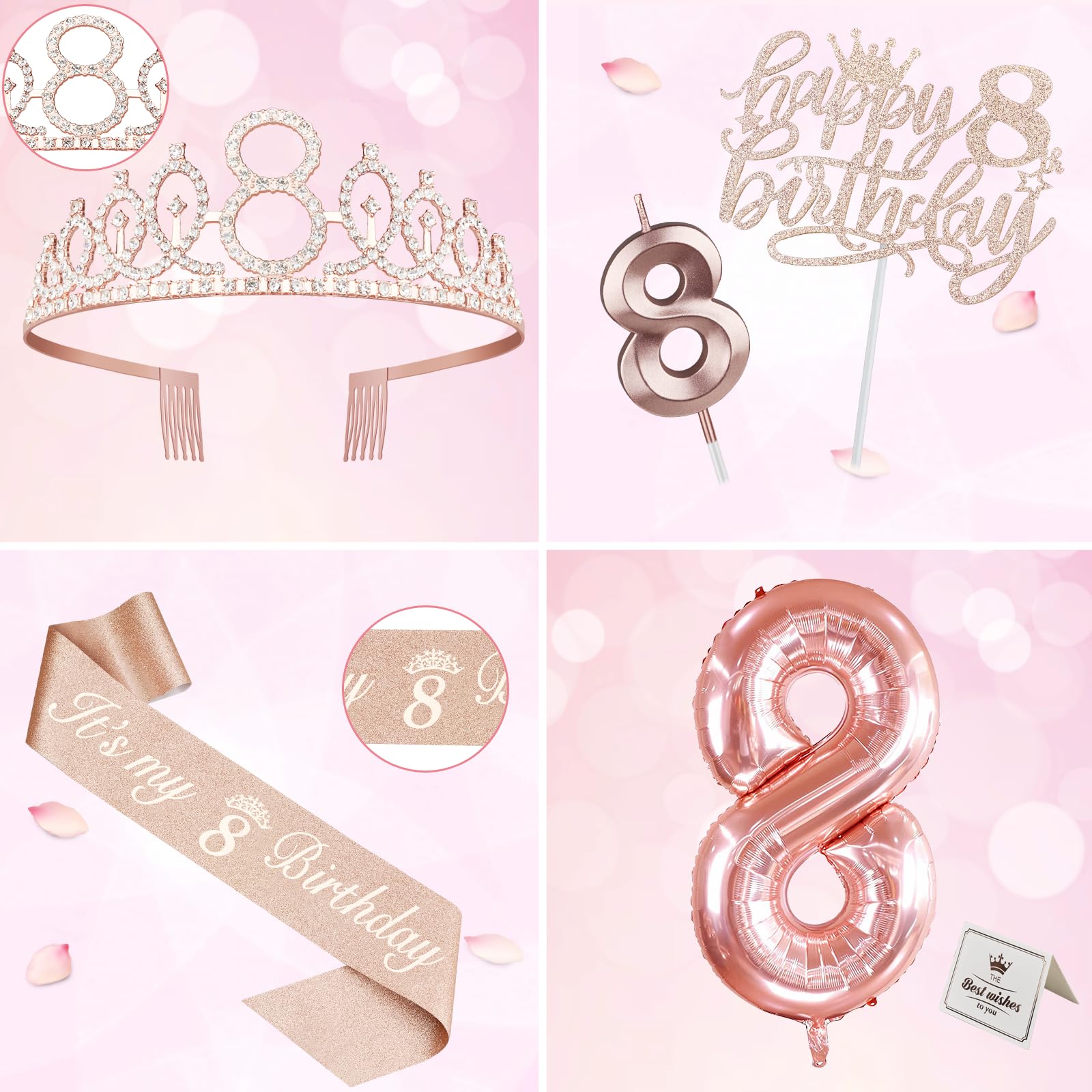 8Th Birthday Decorations Gifts For Girls Including 8Th Birthday Girl Sash And Tiara, 8Th Birthday Candles And Cake Topper, Numbe