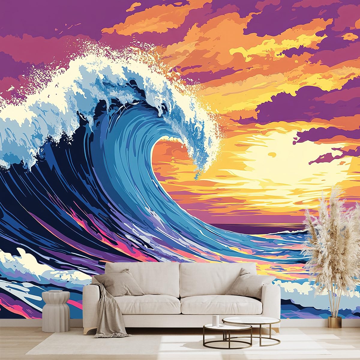 WXHFM - 3D Wave Wallpaper Sunset Abstract wall Mural for Bedroom - 137x96 (Not Peel and Stick)