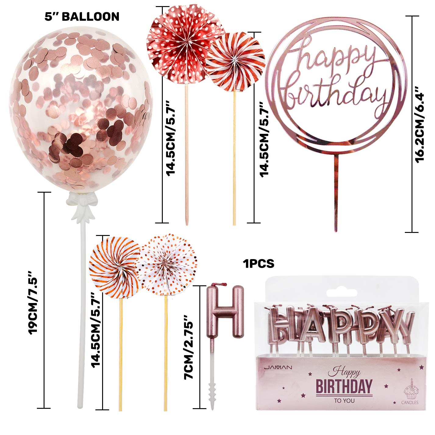 Movinpe Rose Gold Cake Topper Decoration With Happy Birthday Candles Happy Birthday Banner Confetti Balloon Paper Fans For Rose