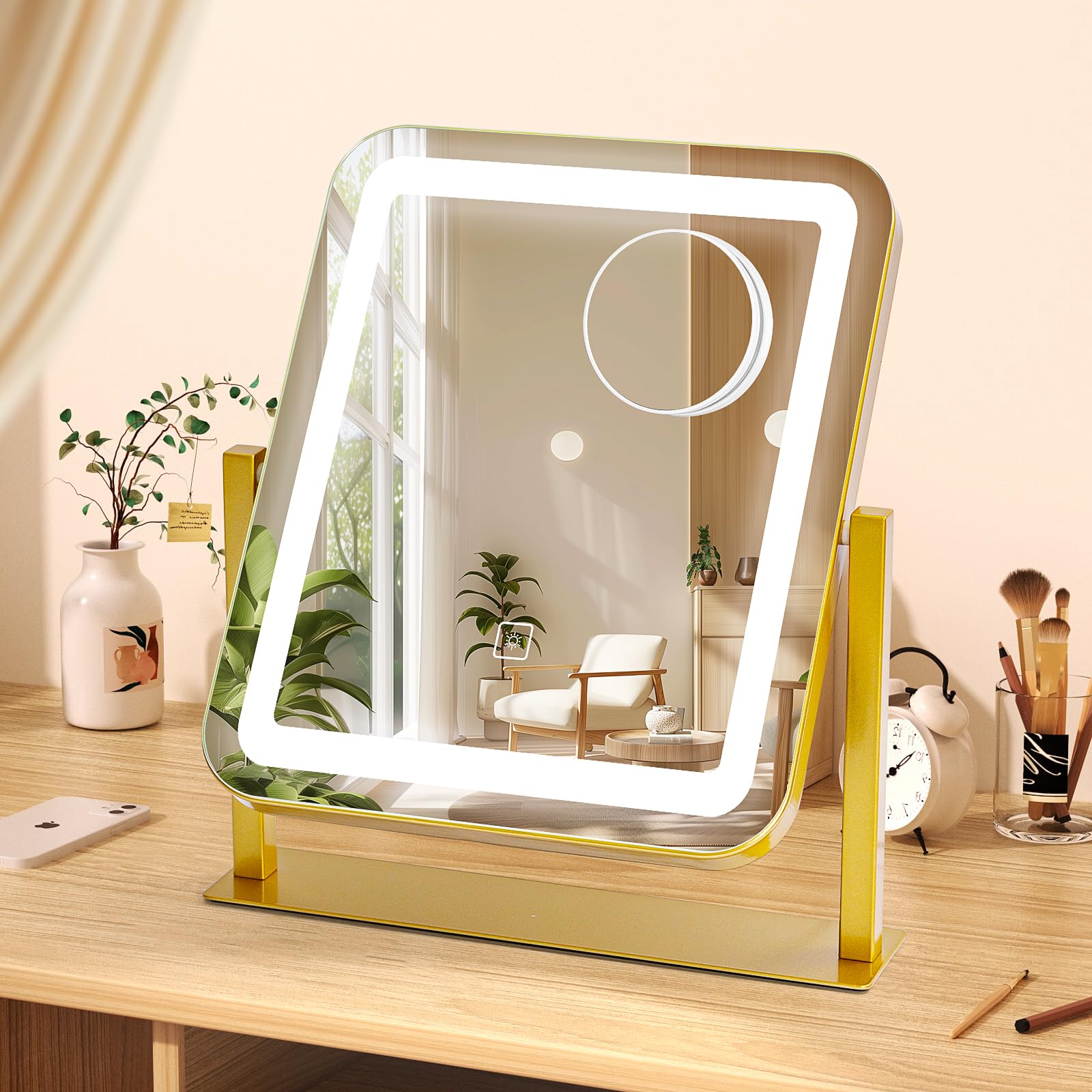 E-MeySource Vanity Mirror with LED Lights, 14.8x12.6 Inch Makeup Mirror, 3-Color Dimmable Touch Screen, 5X Magnification, 360 Ro