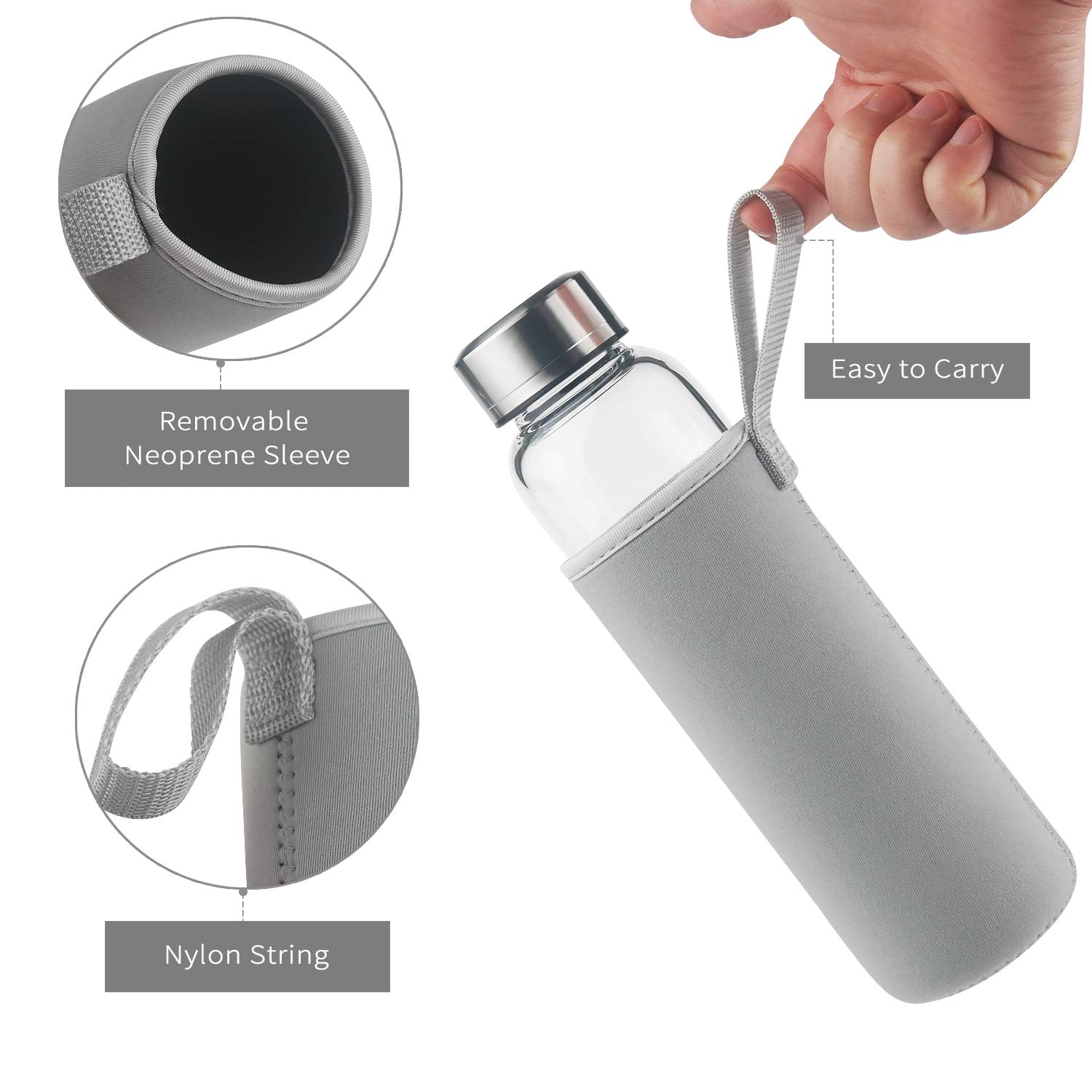 Reeho Borosilicate Glass Water Bottle, Sports Glass Drinking Bottle With Neoprene Sleeve And Stainless Steel Lid 16Oz / 32Oz