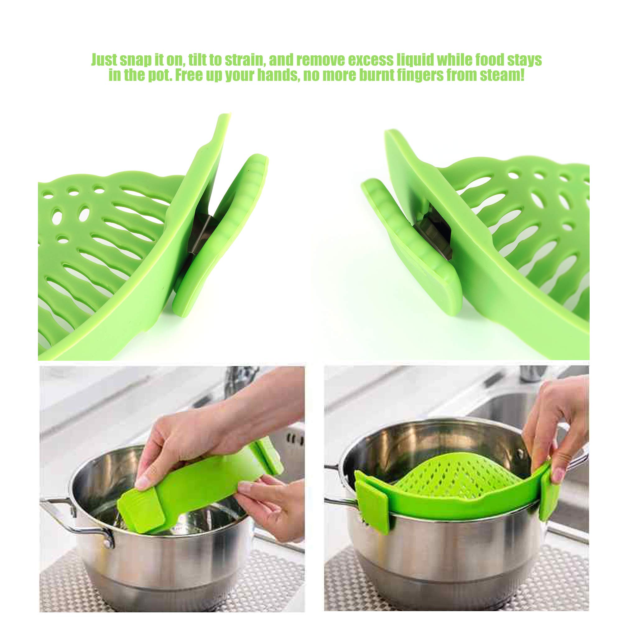Performore Snap And Strain, Clip On Silicone Colander, Hands-Free Heat Resistant Food Strainer For Pasta Vegetables Noodles Grou