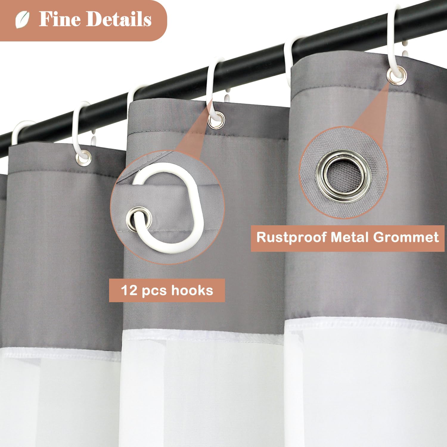 UFRIDAY Extra Long Shower Curtain 84 inch Light Grey and White Fabric Polyester Bathroom Curtain Liner with Mesh Filtering Window and Weighted Bottom Hem  Machine Washable  Extra Long  72 x 84 Inches