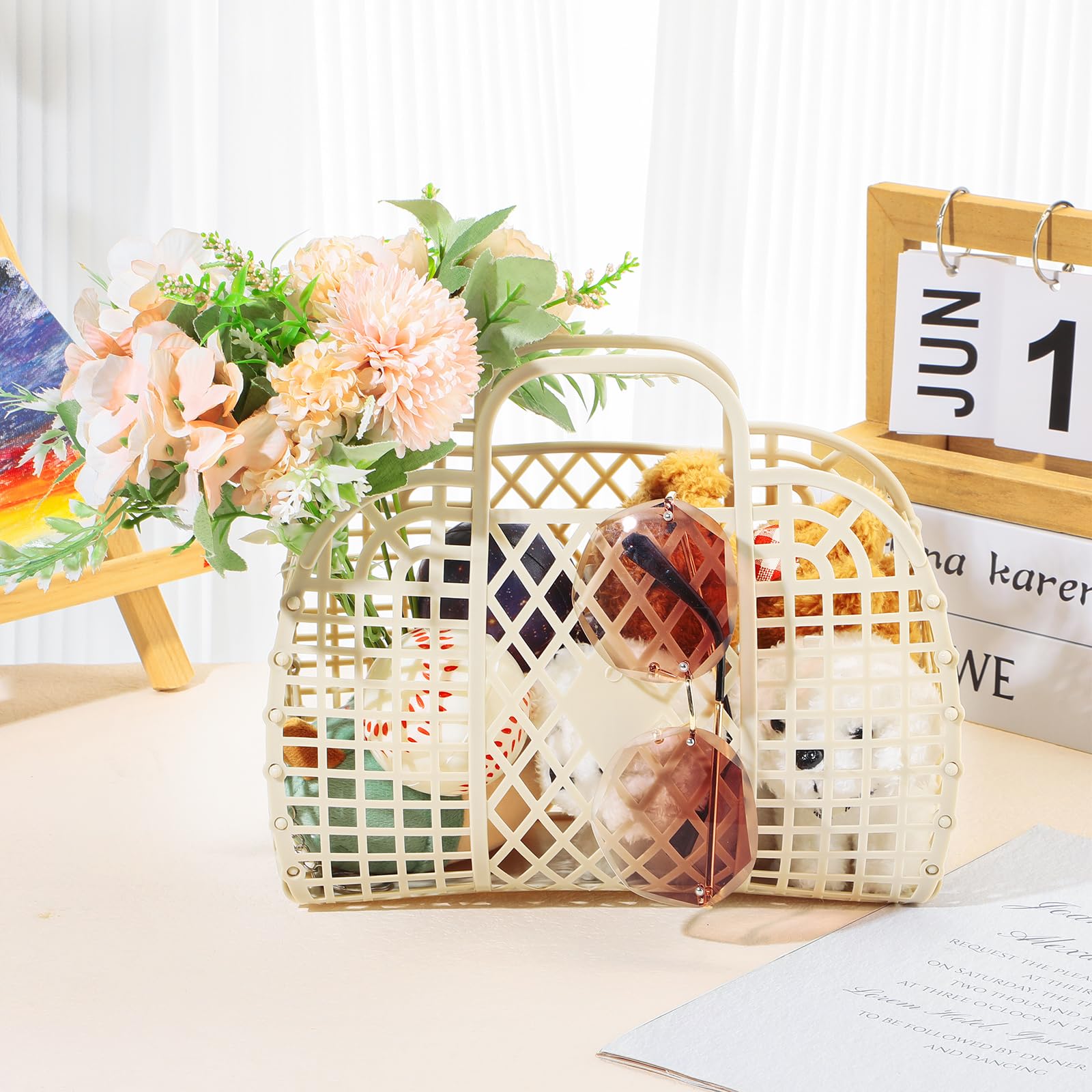 Hsei 16 Pcs Girls Jelly Purse Jelly Bags Basket Reusable Jelly Beach Bag Plastic Beach Tote Gift Basket For Kid Girl (Beige)