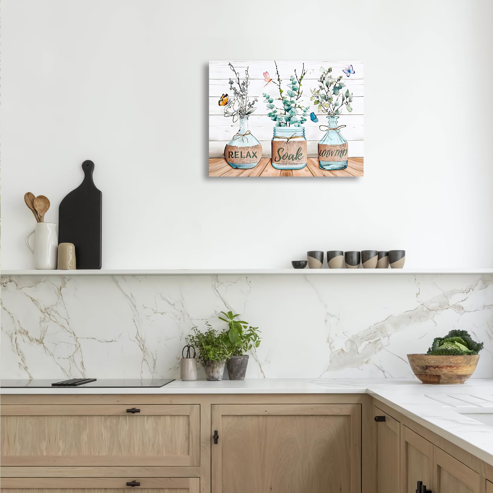 Dazzlewall Farmhouse Bathroom Wall Decor Poster Flower Green Leaf And Butterfly, Rustic Wall Poster For Bathroom Living Room Dec