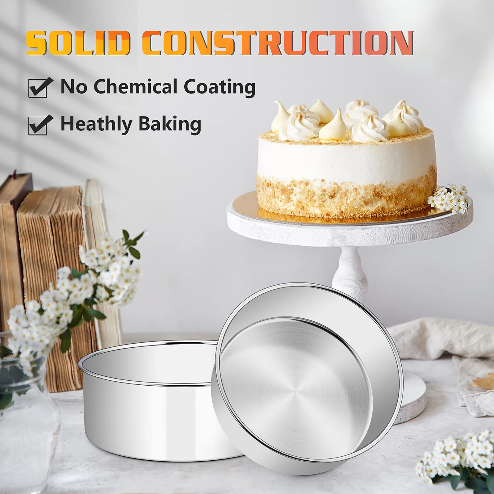 E-Far 8 X 3 Inch Round Cake Pans, Stainless Steel Deep Cake Baking Pan For Layer Cake Chiffon Cheesecake, Healthy Metal Cake Tin