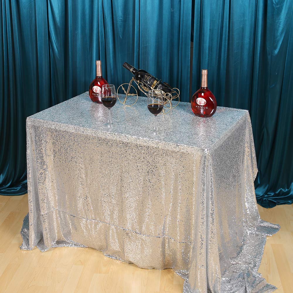 Jyflzq Silver Sequin Tablecloth 50 X 80 Rectangular Sparkly Drape Table Cloths Table Cover Overlay For Christmas Wedding Birthda