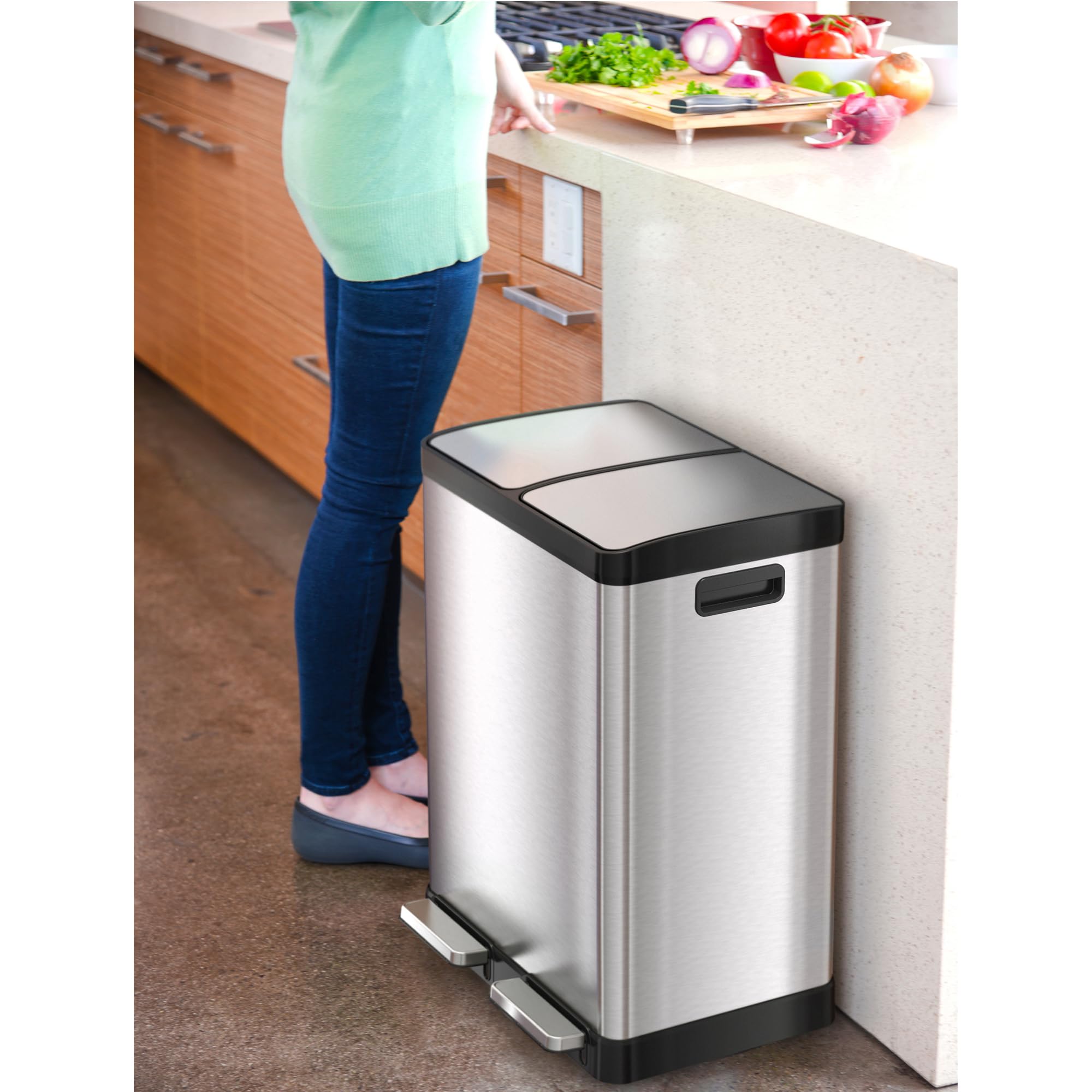 Itouchless 16 Gallon Dual Trash Can And Recycling Bin For Kitchen With Odor Filters, Stainless Steel Trashcan, 2 X 8-Gal (30L) I
