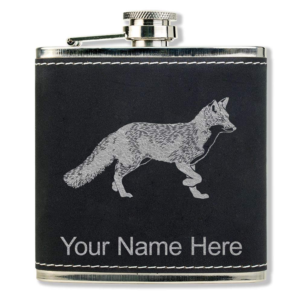 Faux Leather Flask, Fox, Personalized Engraving Included (Black With Silver)