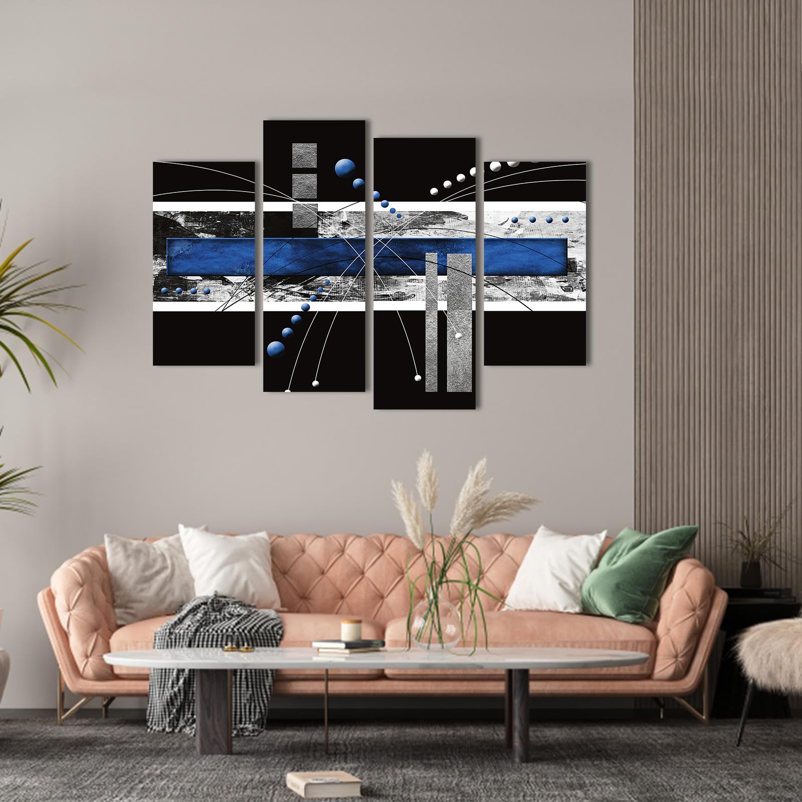 Ypy Black Blue Canvas Wall Art - 4 Panels Modern Abstract Picture Set For Home Decoration - Extra Large Contemporary Painting Ar