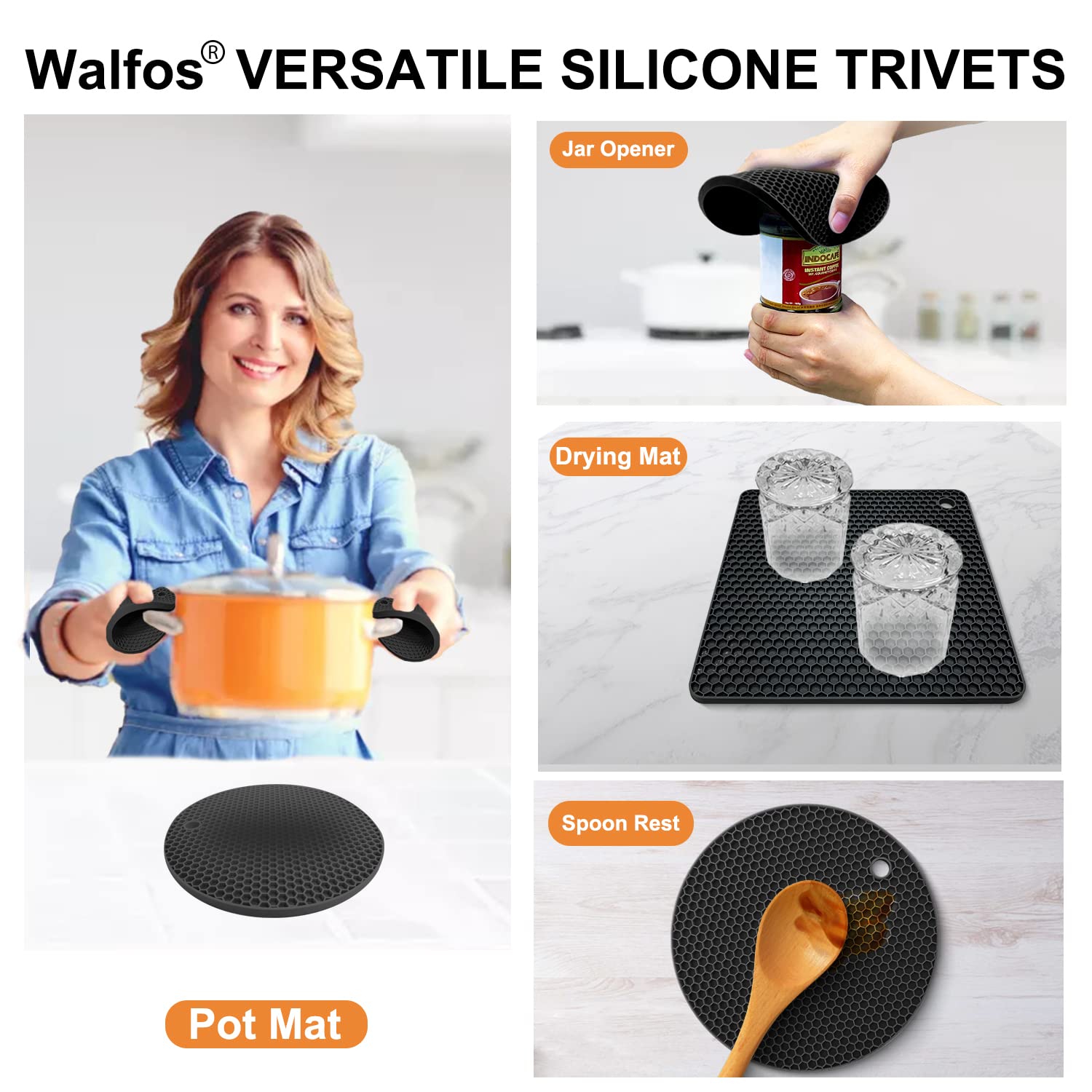 Walfos Silicone Trivet Mats - 4 Heat Resistant Pot Holders, Multipurpose Non-Slip Hot Pads For Kitchen Potholders, Hot Dishers,