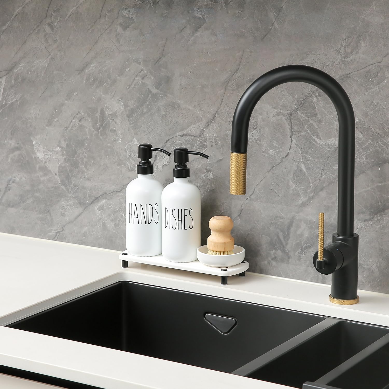 Momeemo White Soap Dispenser Set Comes With Stainless Steel Pumps, Instant Dry Tray, And Dish Scrub Brush, Suitable For Kitchen