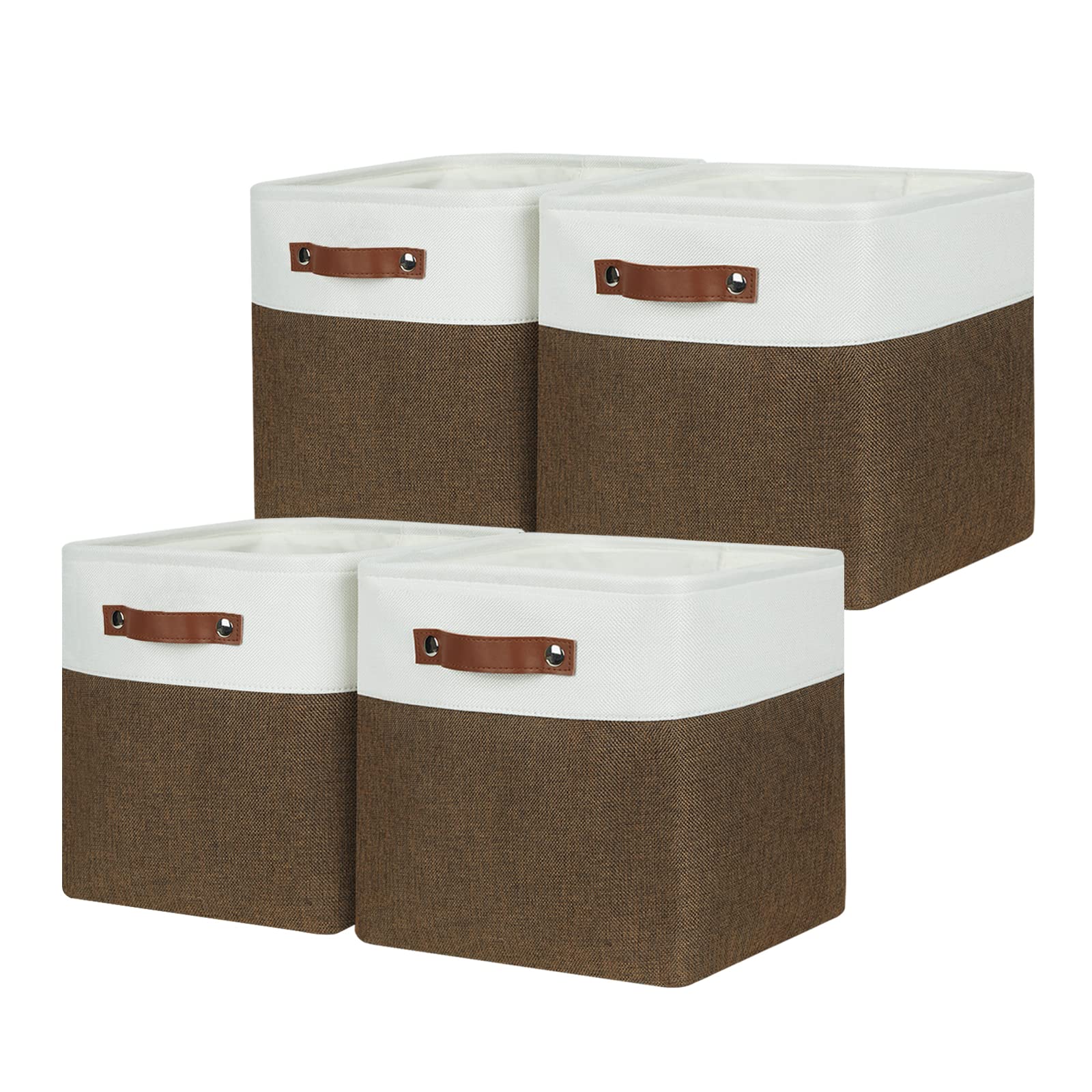 HNZIGE Fabric Baskets Storage Cubes Baskets Set(4 Pack) Large Cube Baskets for Shelves 13x13x13 Storage Cube Bins for Storage with Leather Handles for Home  Toys  Clothes  Kids Room  Closet Storage(White&Beige)