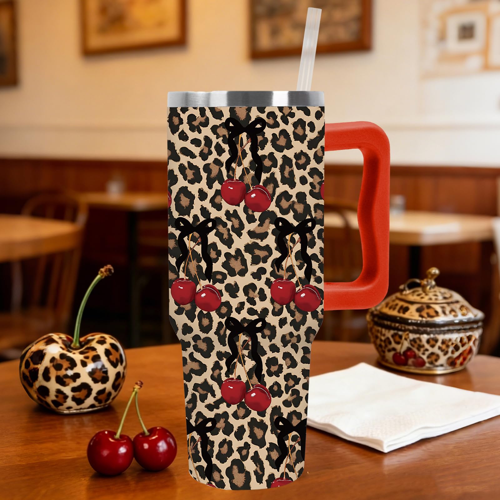 JarThenaAMCS Leopard Print Cherry Tumbler with Handle Retro Bow Cherry Cheetah Stainless Steel Cup 40oz Insulated Y2K Style Trav