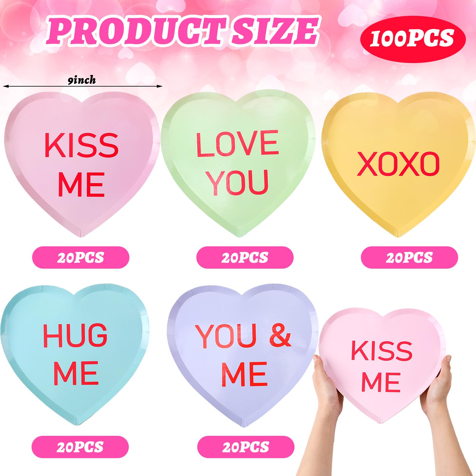 Uiifan 100 Pcs Valentine'S Day Paper Plates Conversation Heart Plates 9 Inch Valentine'S Heart Disposable Dinnerware Set For Gal