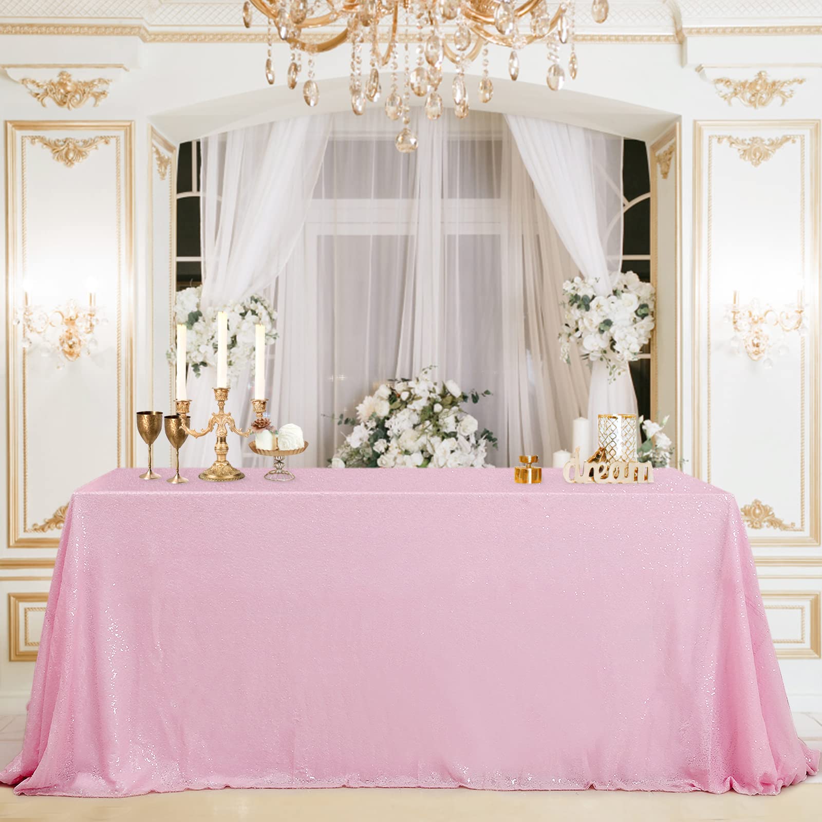 B-COOL Shimmer Tablecloth Pink Sequin Tablecloth Wedding Glitter Overlay 90x132 Inch Valentines Day Tablecloths Christmas Rectan
