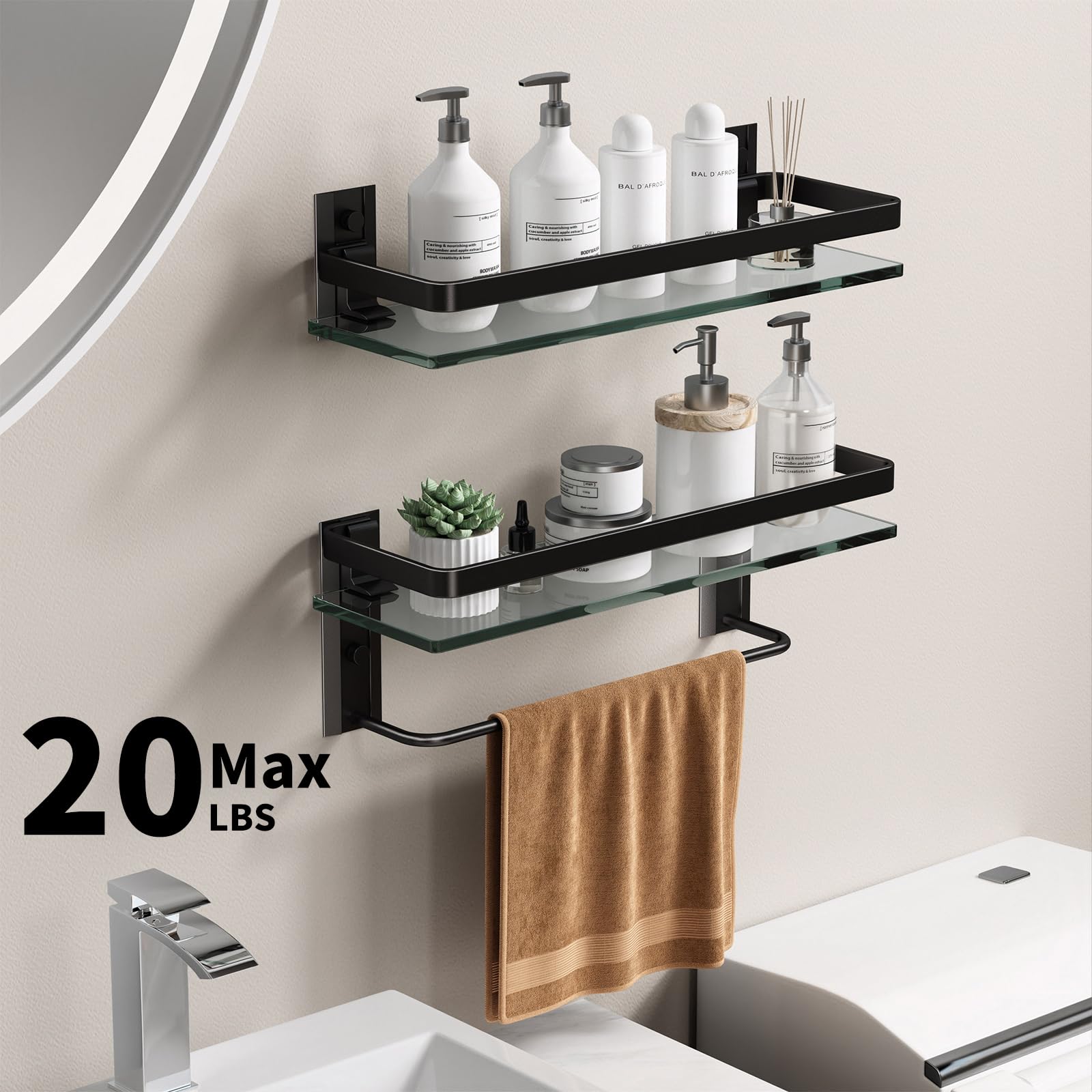 Danpoo Bathroom Shelves Wall Mounted, Clear Tempered Glass Shelf With Towel Bar, Hand Towel Holder(Matte Black)
