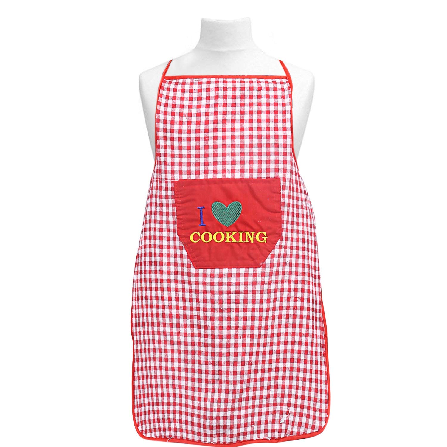 Kuber Industries Checkered Design Cotton Waterproof Apron With Front Pocket (Red), Ctktc013738