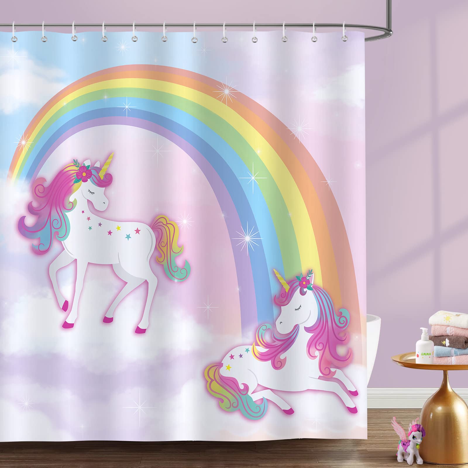 Bonhause Unicorn Shower Curtain For Kids Girls Rainbow Pink Purple Decorative Bath Curtain 72 X 72 Inch Polyester Fabric Waterpr