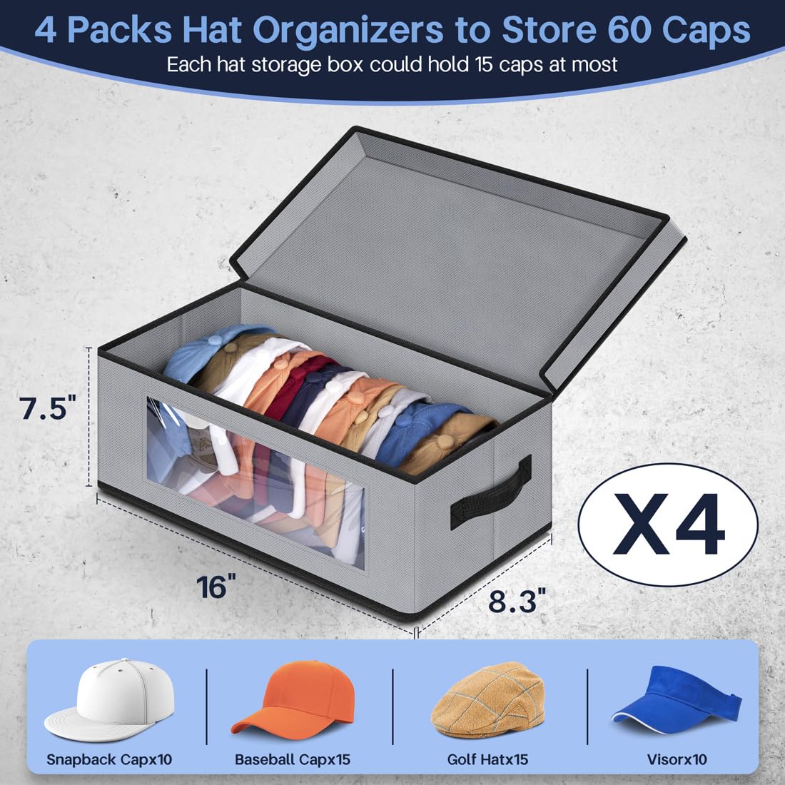 Sleeping Lamb Stackable Hat Organzier For Baseball Caps, 4 Pcs Hat Storage Boxes For Closet Hold 60 Caps With Cardboard, Grey