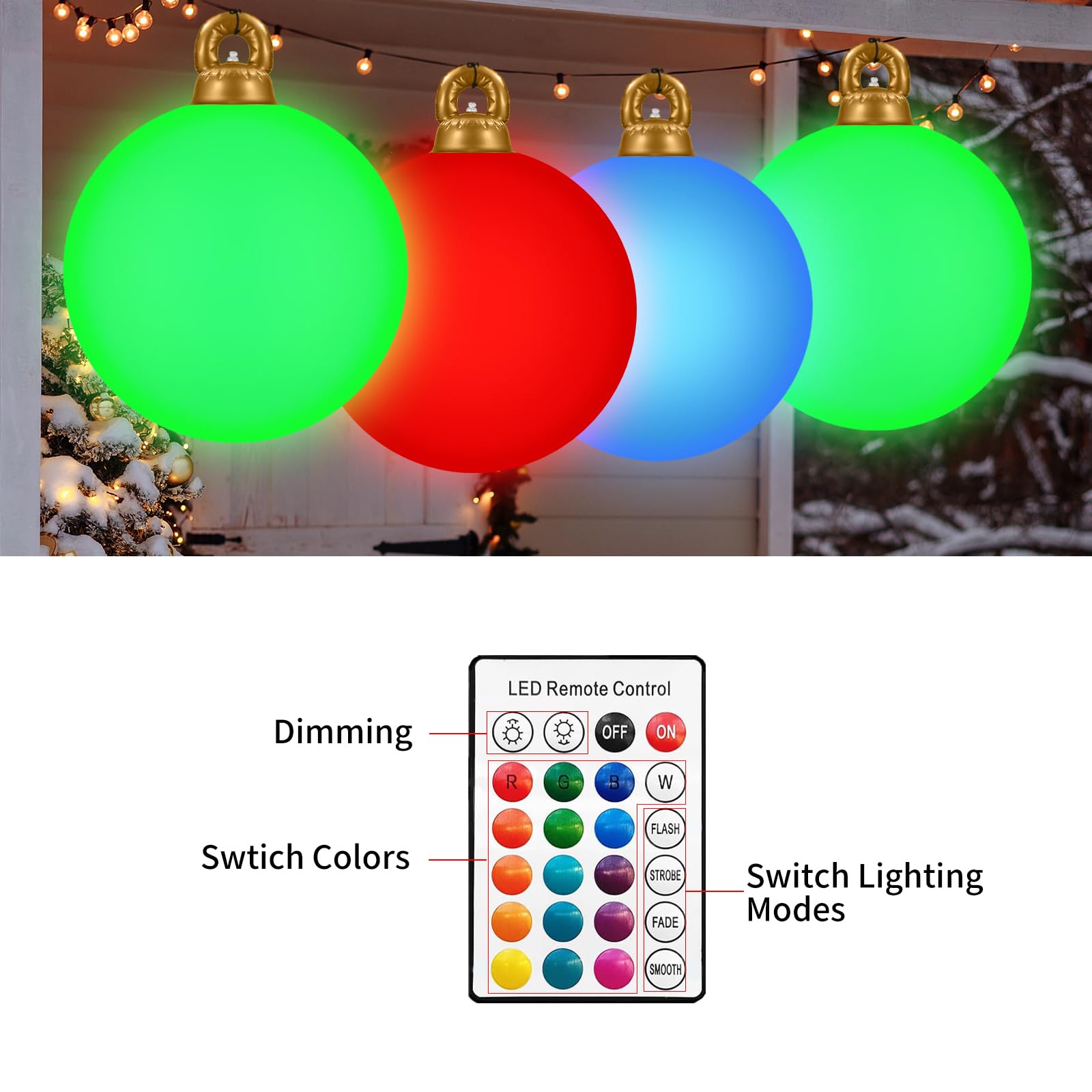 [Light up] Inflatable Ornaments Balls Outdoor 2Pcs: Flashes in Red | Green | Blue and Timer, 24 Inch Giant Christmas Inflatable