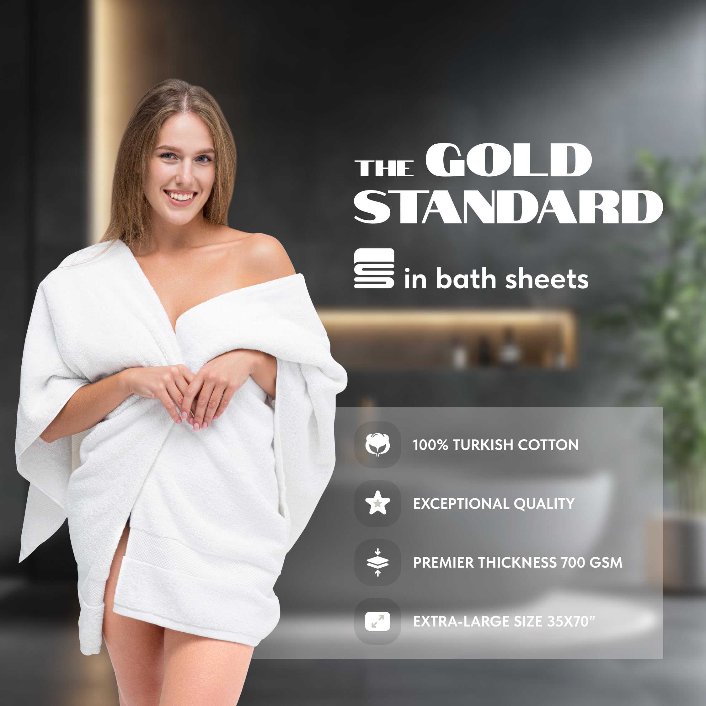 White Classic Luxury Bath Sheets - 35x70 Inch, 700 GSM Turkish Cotton, Highly Absorbent, White, 2 Pack