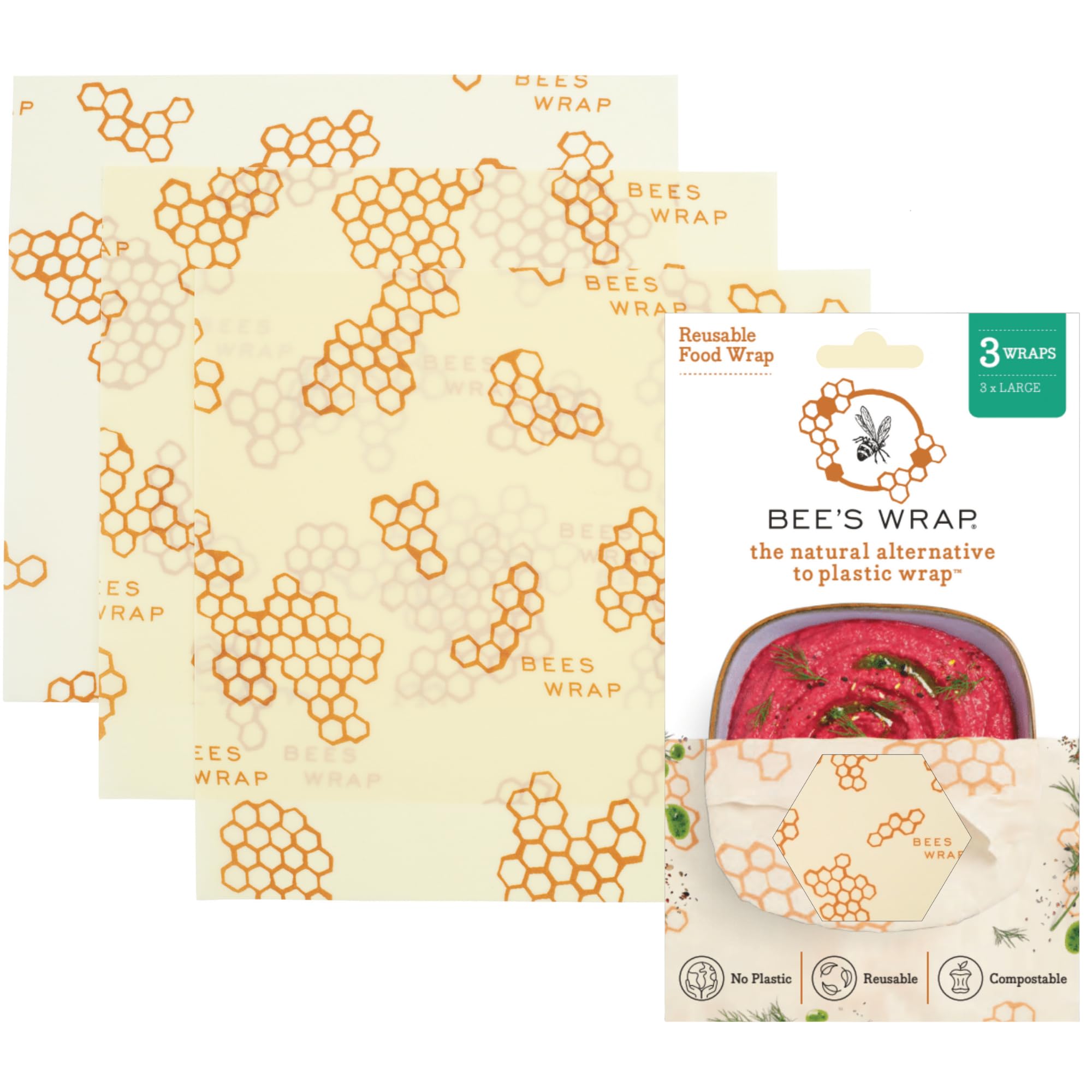 Bees Wrap Beeswax Wraps for Food - 3 Pack of Large Beeswax Wraps - Made in USA Reusable Natural Food Wrap - Honeycomb Print