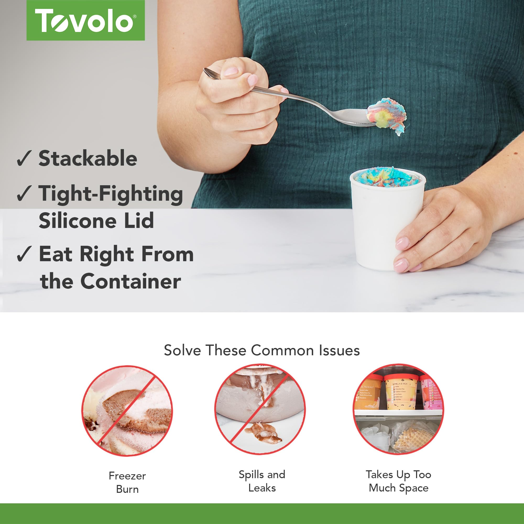 Tovolo 6 Oz, Set Of 3, Tight-Fitting Silicone Lid, Easy Stacking Reusable Ice Cream Container, Mini Sweet Treat Tubs, White, Oys