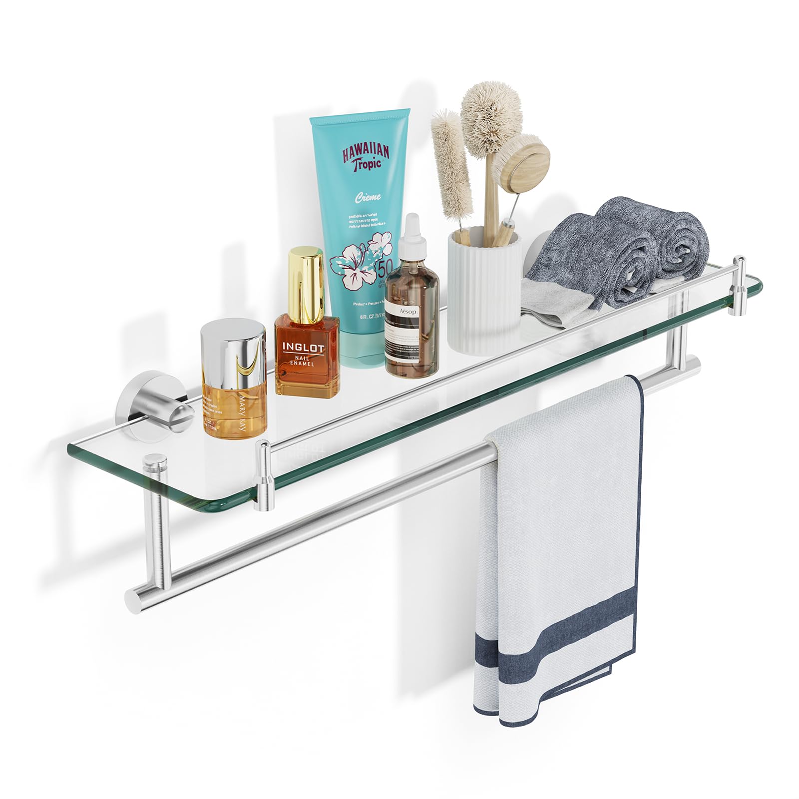 Kocok Glass Bathroom Shelves With Towel Bar,20-Inch Brushed Nickel Glass Shelf For Bathroom With Towel Holder Rectangular Temper