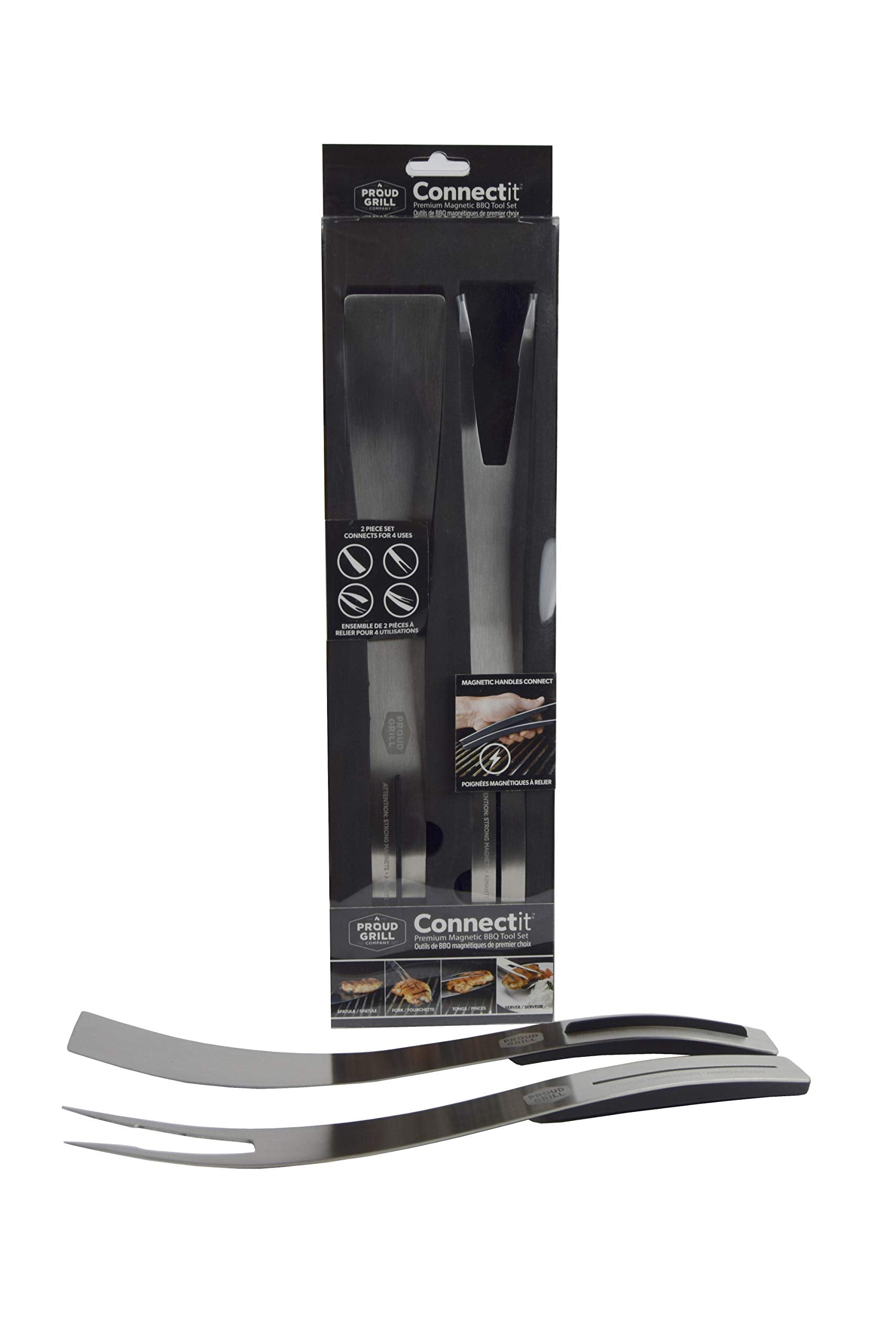 Proud Grill Connect It Magnetic Bbq Tool Set - 2 Bbq Tools - 4 Uses | Elegant Stainless Steel Design| Spatula And Fork Connect T