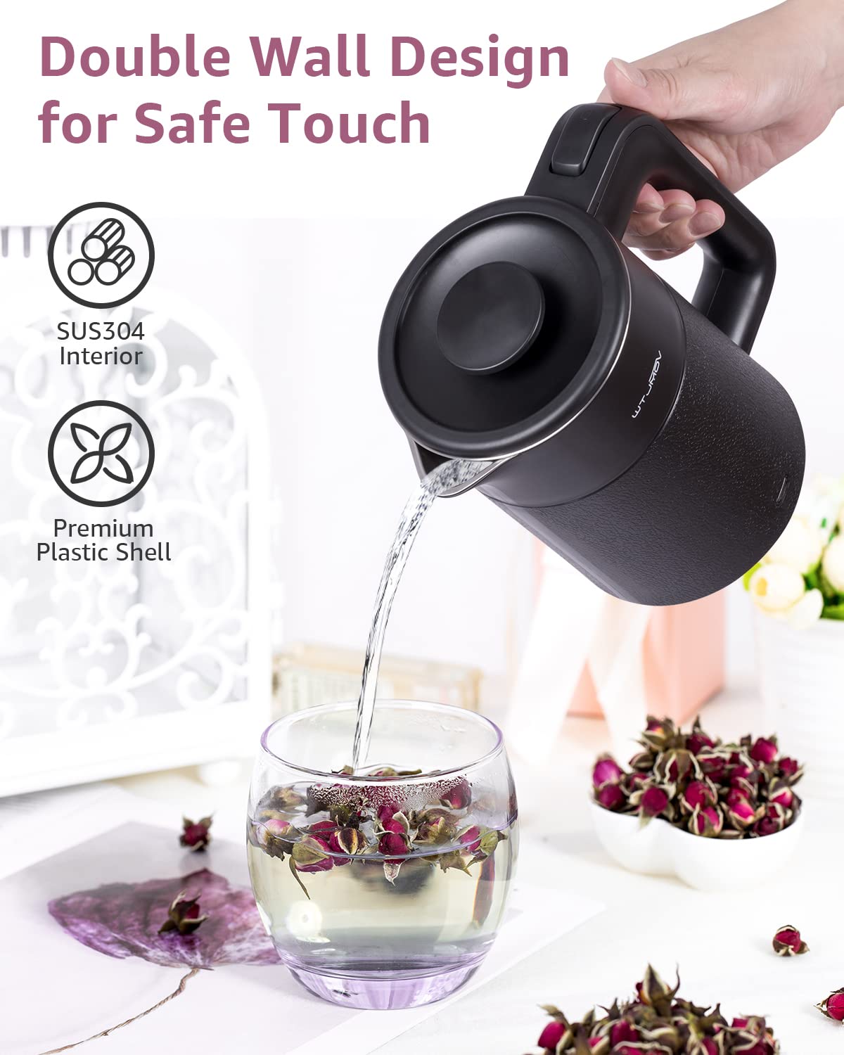 WTJMOV 0.6L Electric Tea Kettle - Stainless Steel, Auto Shut-off, Fast Boil, Black, Model SM-6101