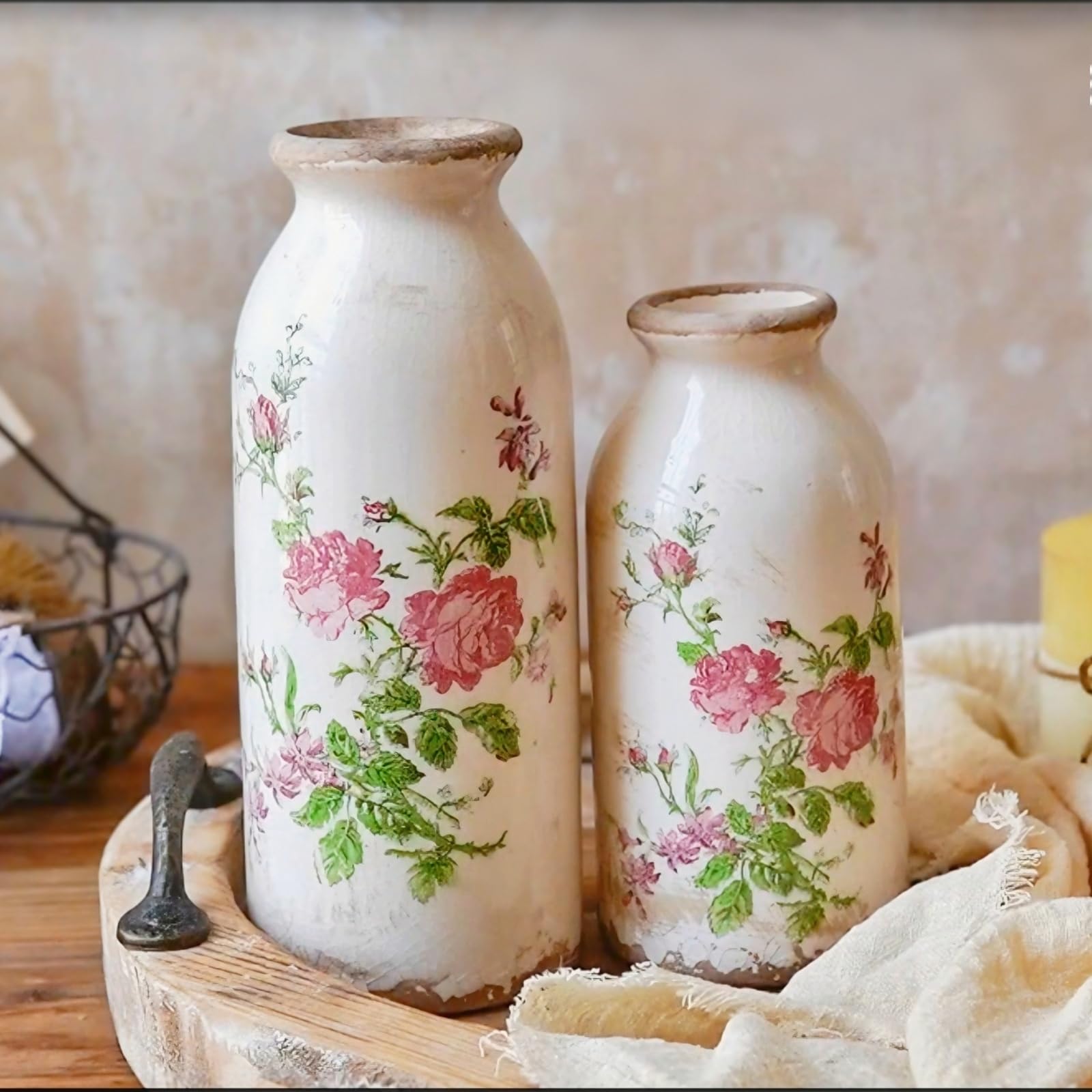 Vintage Rose-Floral Small Ceramic Vase Set, Retro Rustic Farmhouse Cute Flora Vase Gift, Art D  cor for Your Home, Kitchen, Bedr